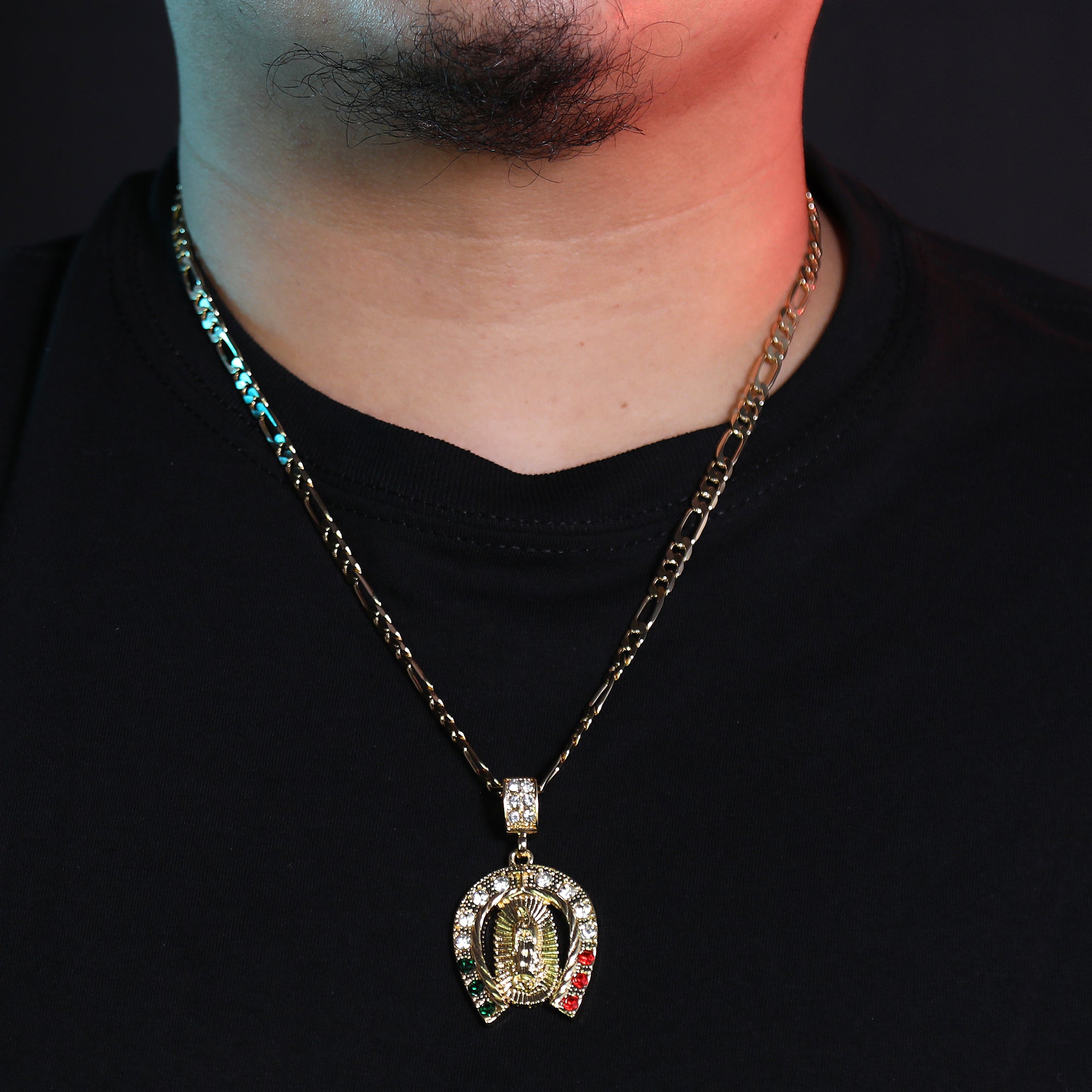 Iced Guadalupe Horse Shoe Mexican Color Pendant 24" Figaro Chain Hip Hop Style 18k Gold Plated