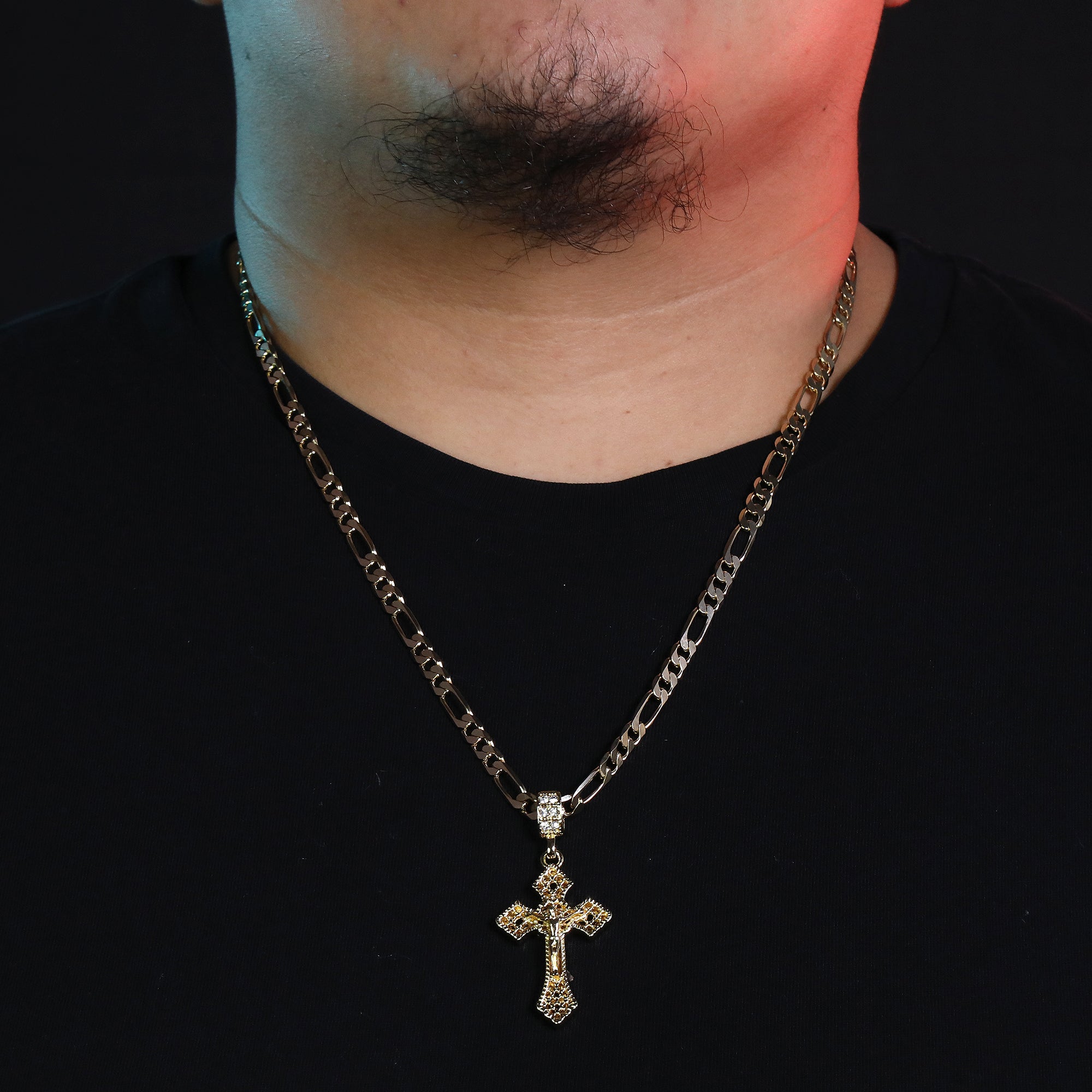 Sharp Plain Jesus Cross Pendant 24" Figaro Chain Hip Hop Style 18k Gold Plated
