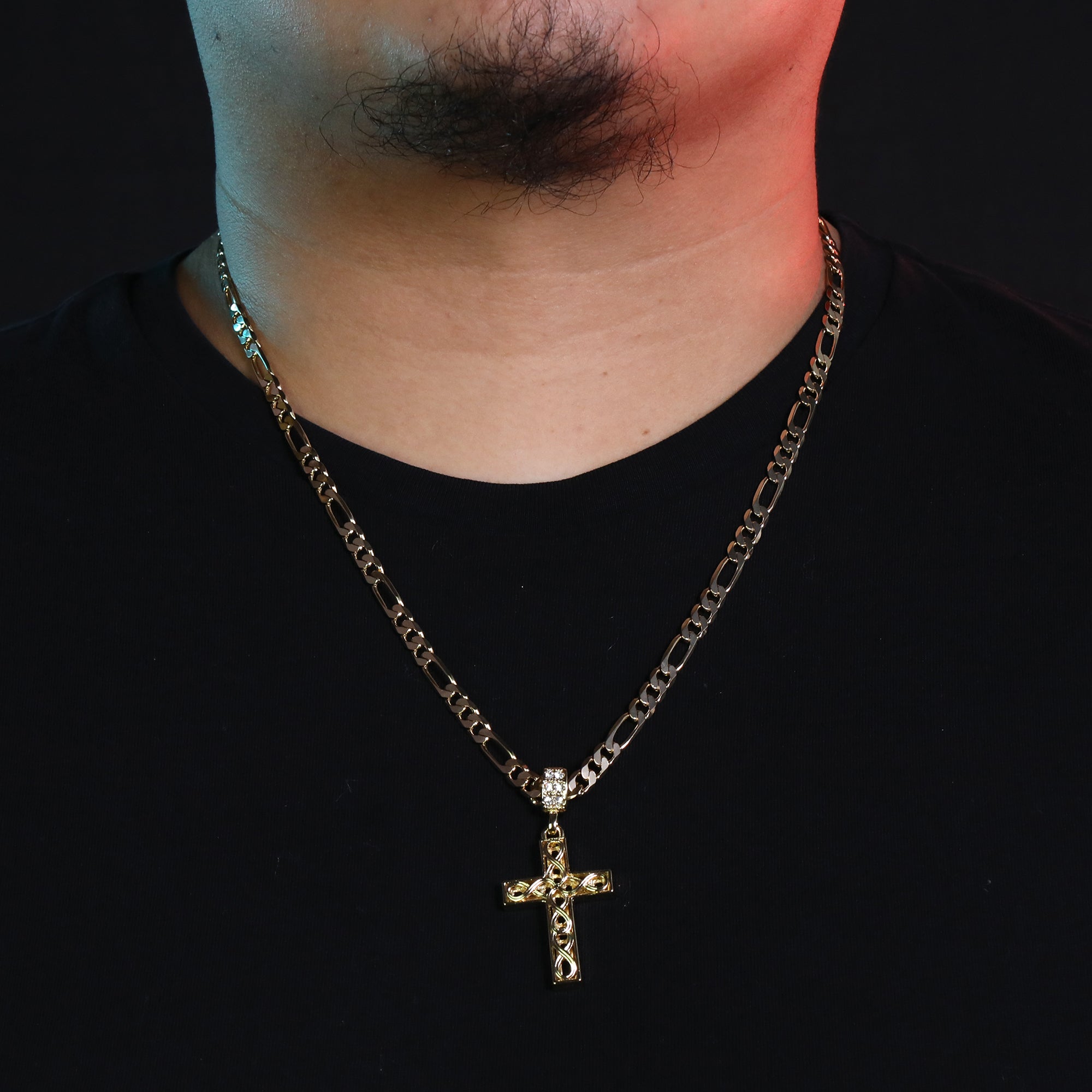 Plain Wave Cross Pendant 24" Figaro Chain Hip Hop Style 18k Gold Plated