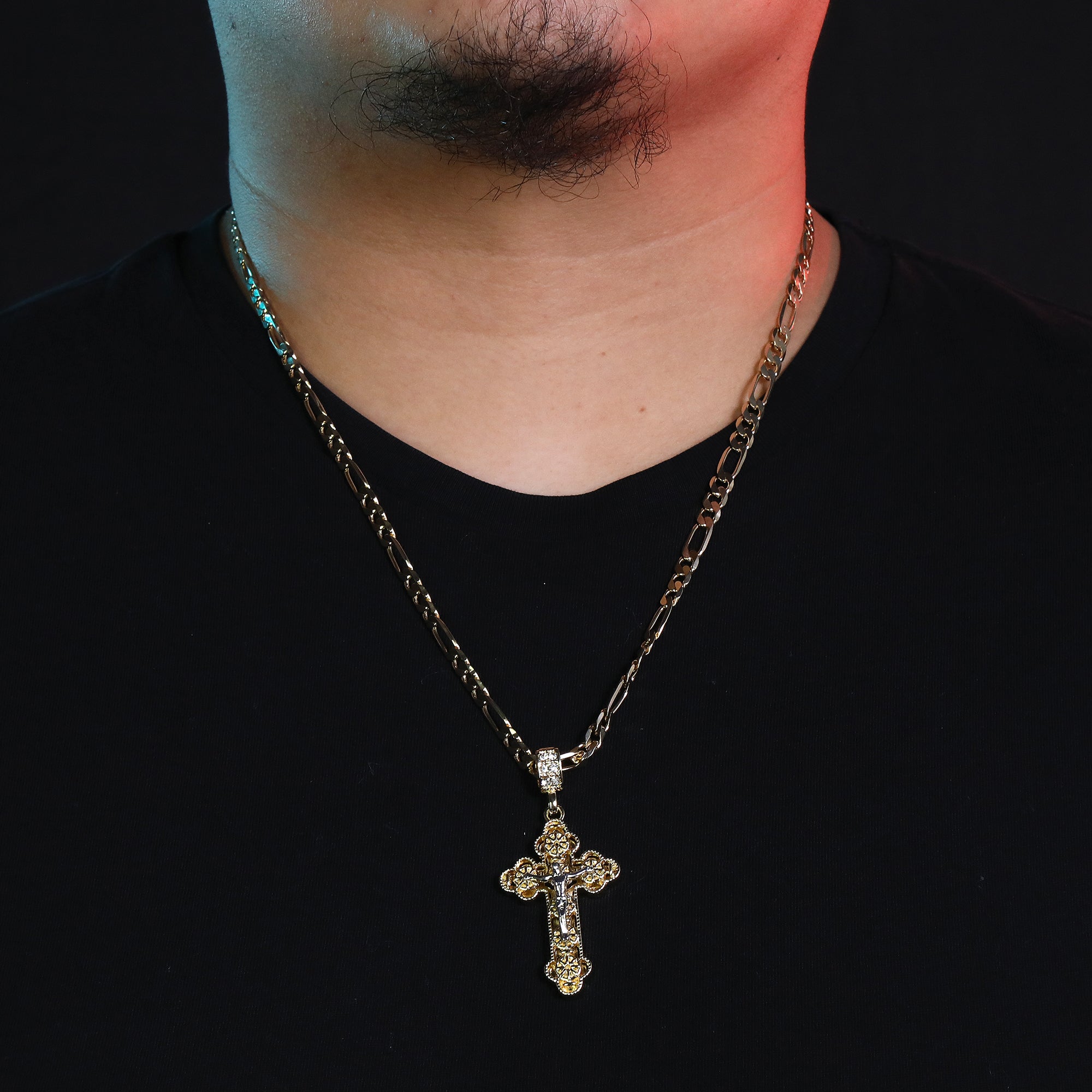 Iced Jesus Clover Cross Pendant 24" Figaro Chain Hip Hop Style 18k Gold Plated