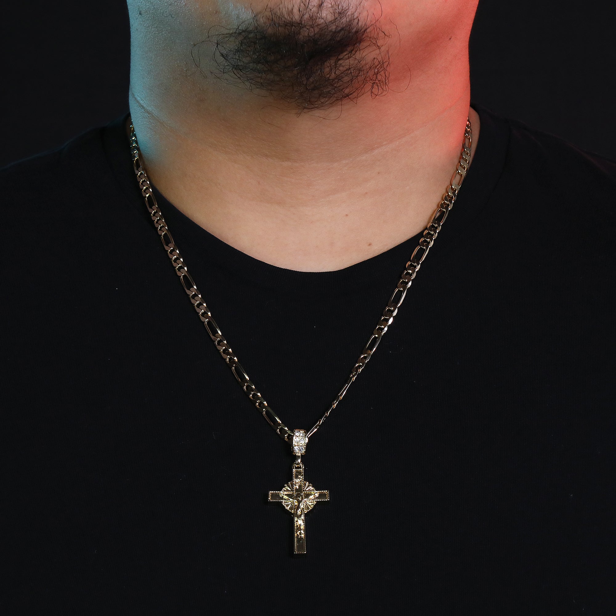 Plain Holy Jesus Cross Pendant 24" Figaro Chain Hip Hop Style 18k Gold Plated