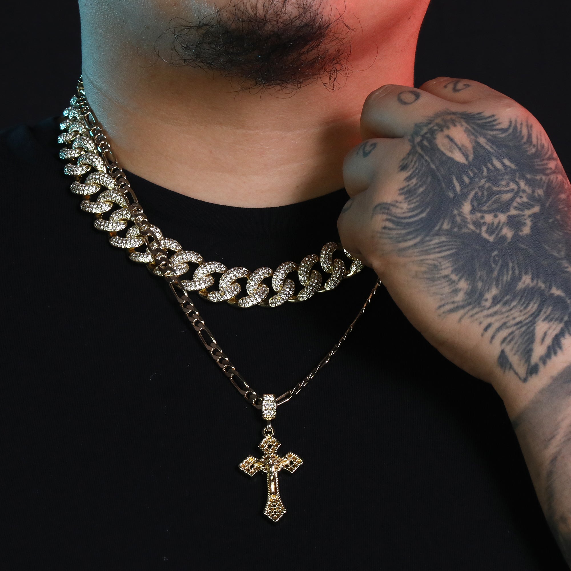 Sharp Plain Jesus Cross Pendant 24" Figaro Chain Hip Hop Style 18k Gold Plated