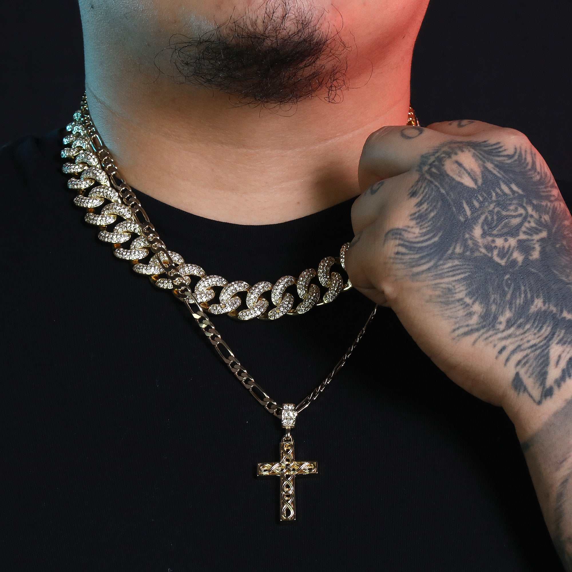 Plain Wave Cross Pendant 24" Figaro Chain Hip Hop Style 18k Gold Plated