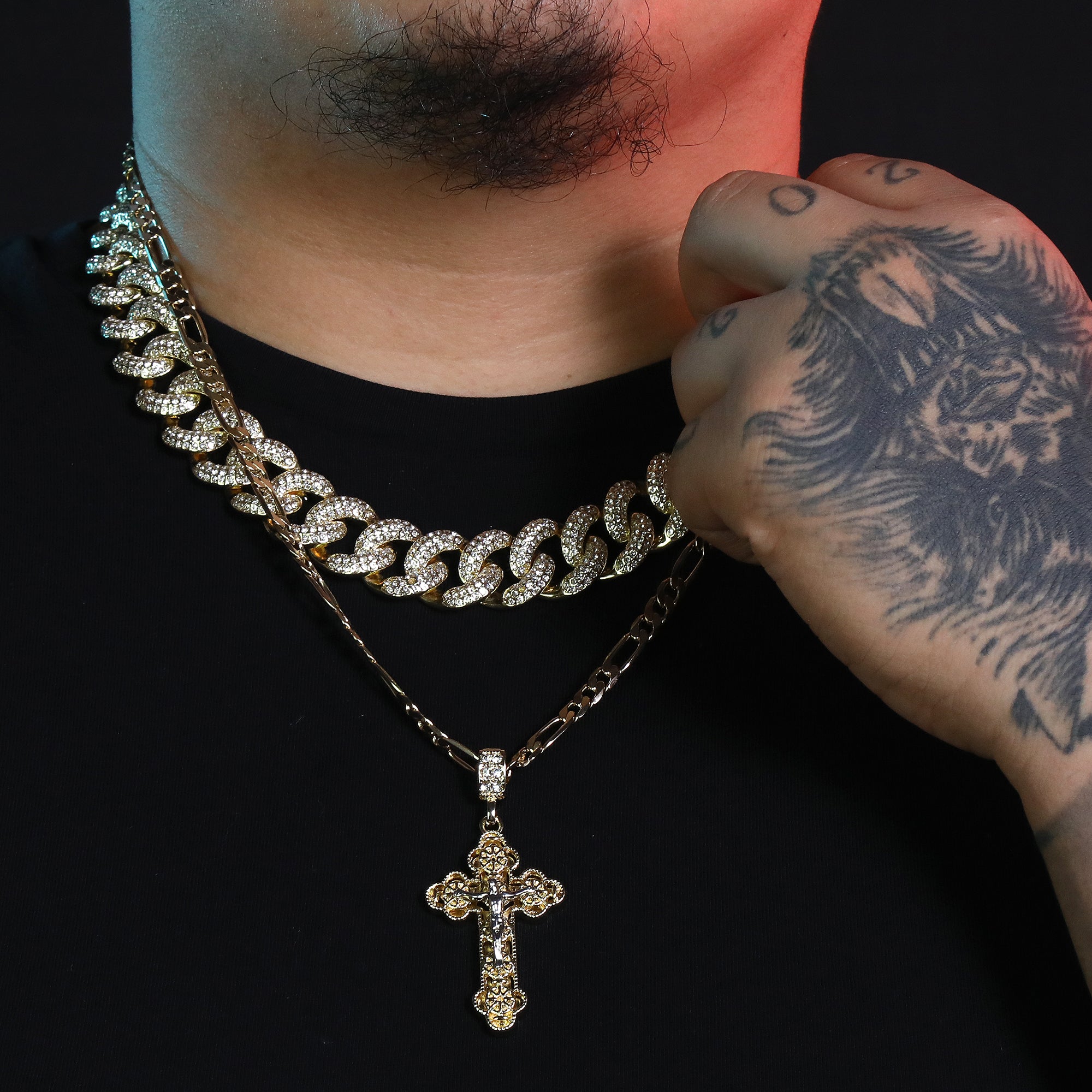 Iced Jesus Clover Cross Pendant 24" Figaro Chain Hip Hop Style 18k Gold Plated