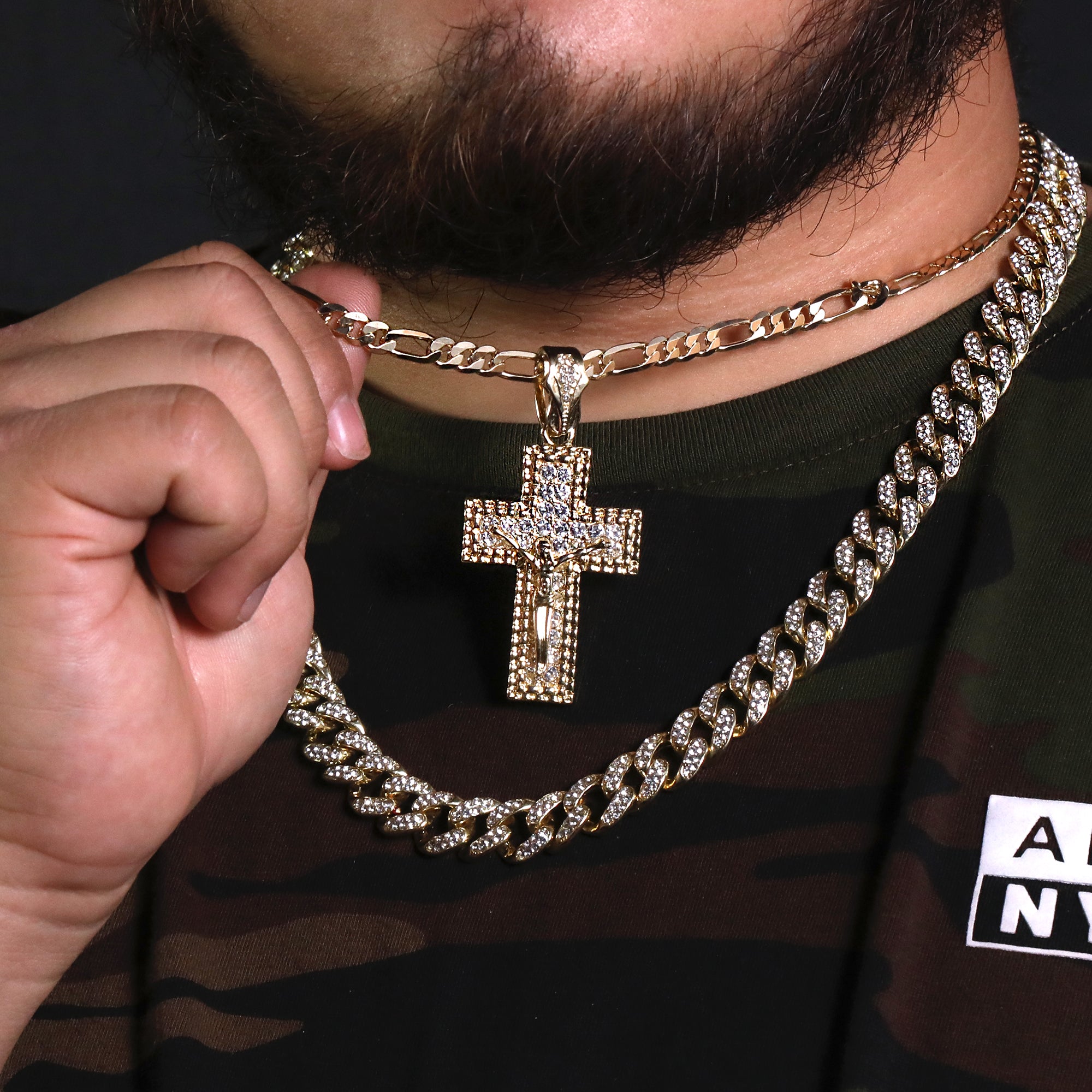 M1 Jesus Cz Cross Pendant 20" Figaro Chain Hip Hop Style 18k Gold Plated