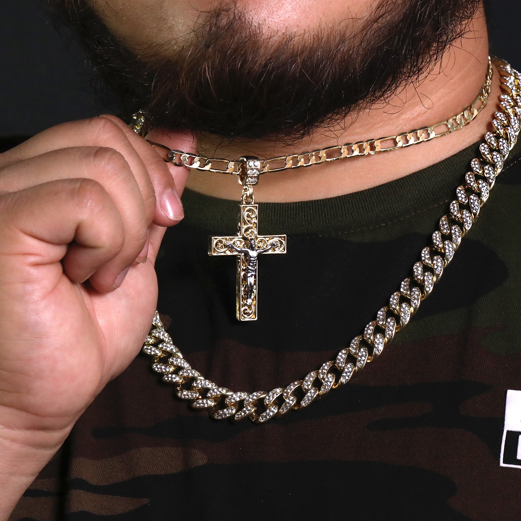 Clover Two Tone Jesus Cross Pendant 20" Figaro Chain Hip Hop Style 18k Gold Plated