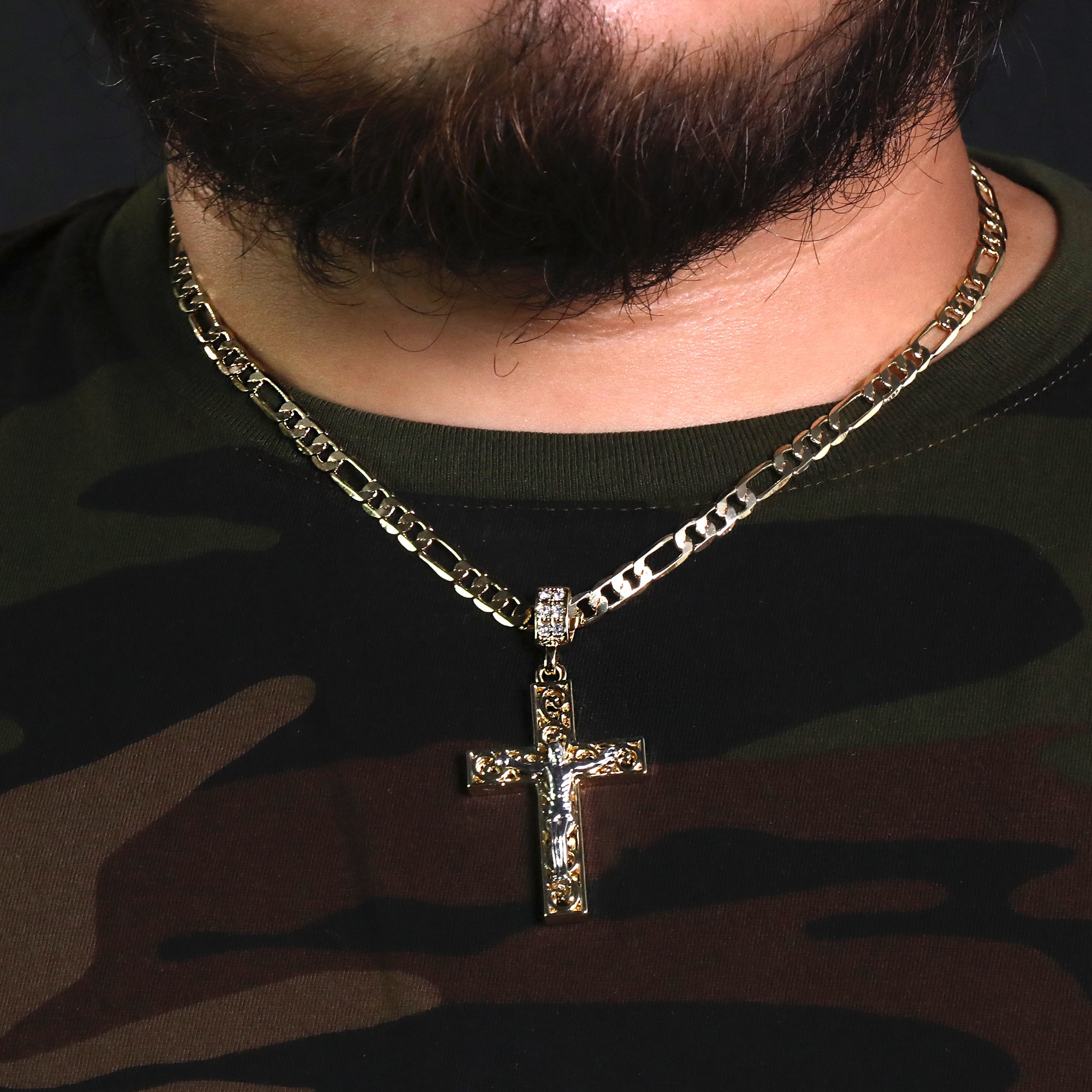 Clover Two Tone Jesus Cross Pendant 20" Figaro Chain Hip Hop Style 18k Gold Plated