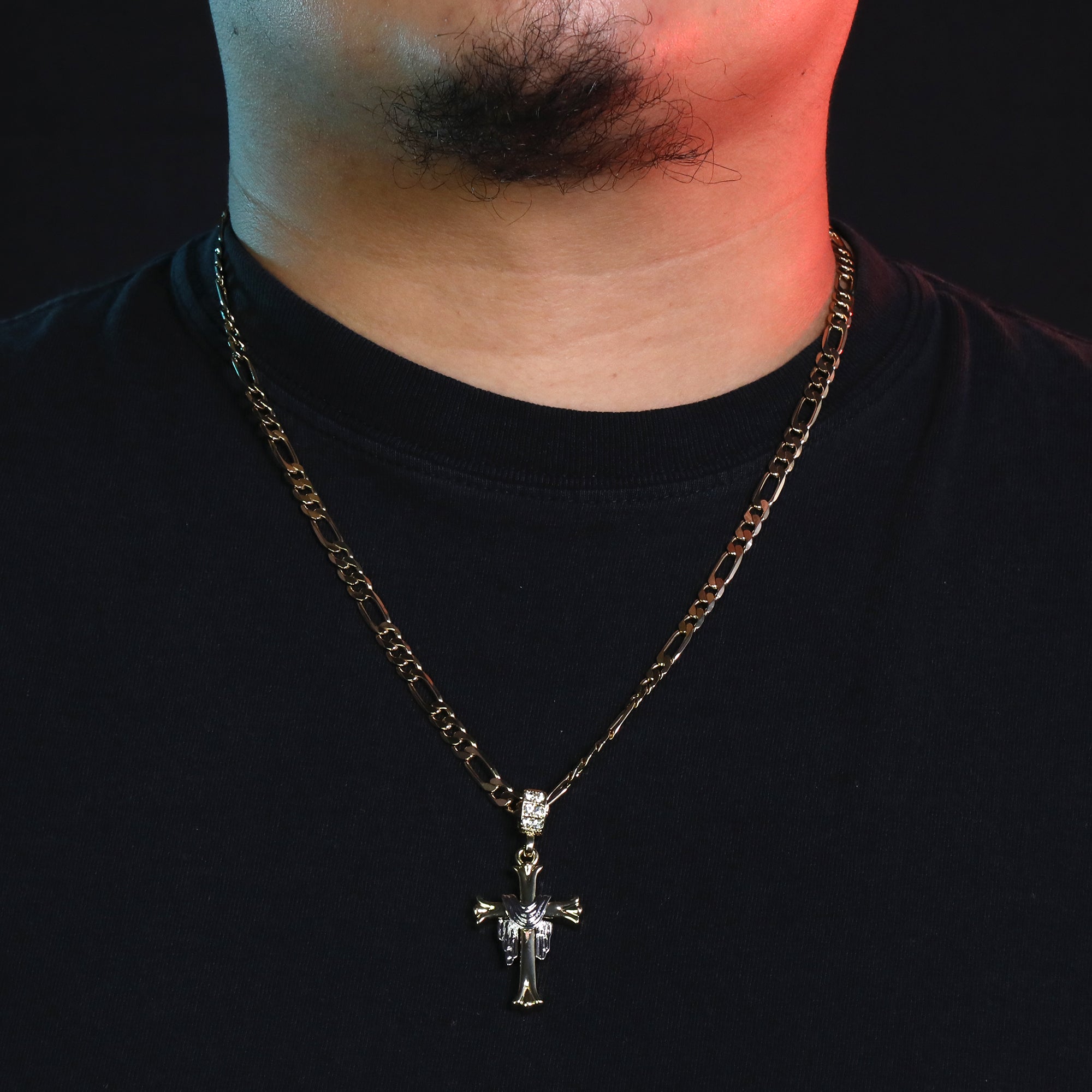 Drape Jesus Cross Pendant 24" Figaro Chain Hip Hop Style 18k Gold Plated
