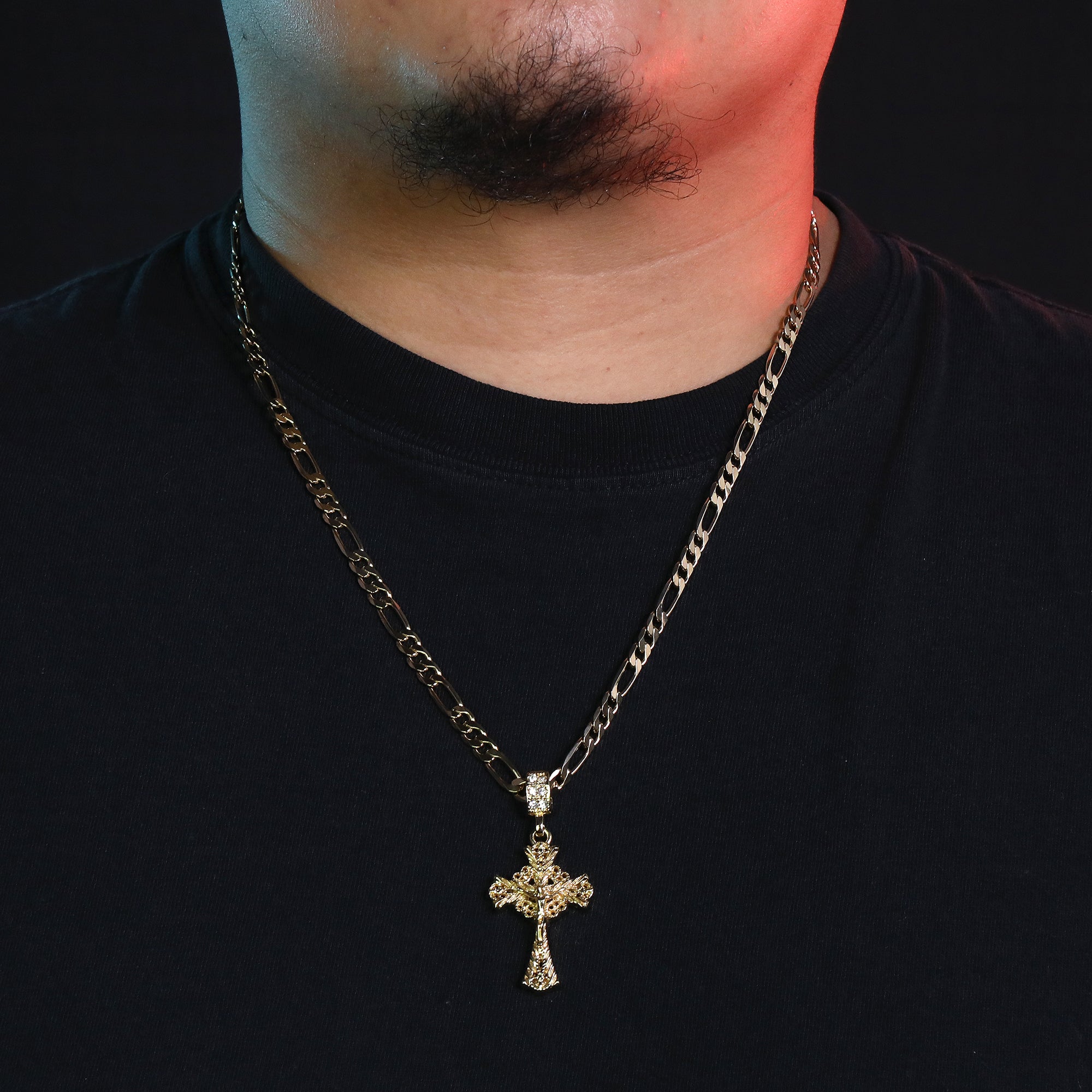 Rose Pattern Jesus Cross Pendant 24" Figaro Chain Hip Hop Style 18k Gold Plated