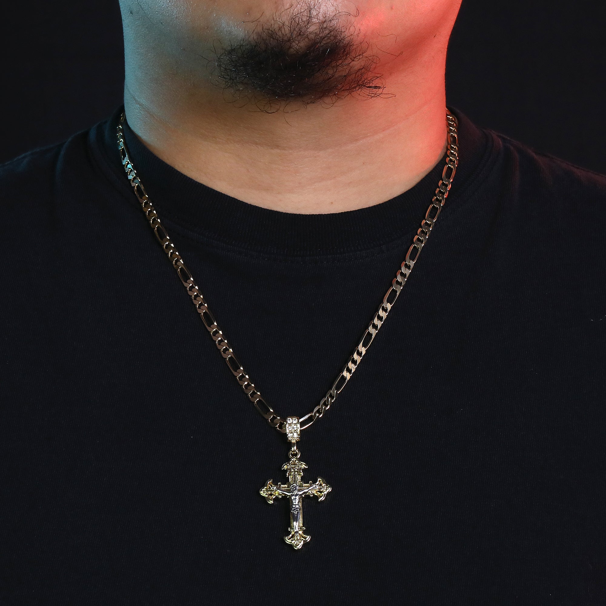 INRI Sharp Two Tone Jesus Cross Pendant 24" Figaro Chain Hip Hop Style 18k Gold Plated