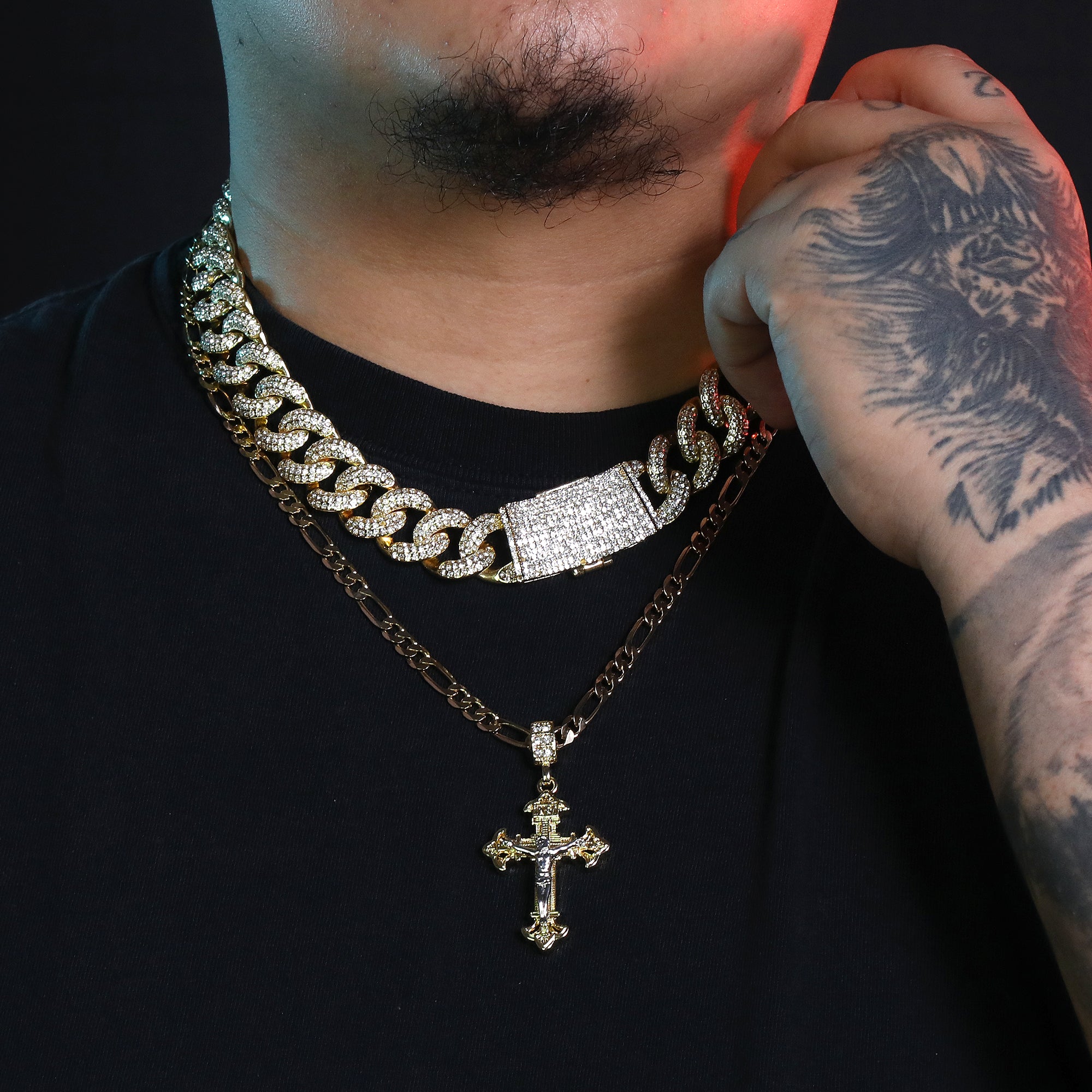 INRI Sharp Two Tone Jesus Cross Pendant 24" Figaro Chain Hip Hop Style 18k Gold Plated