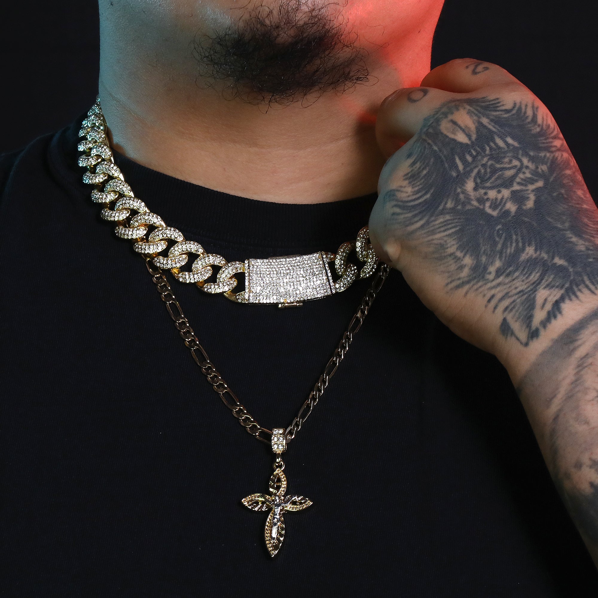 Oval Pattern Jesus Cross Pendant 24" Figaro Chain Hip Hop Style 18k Gold Plated