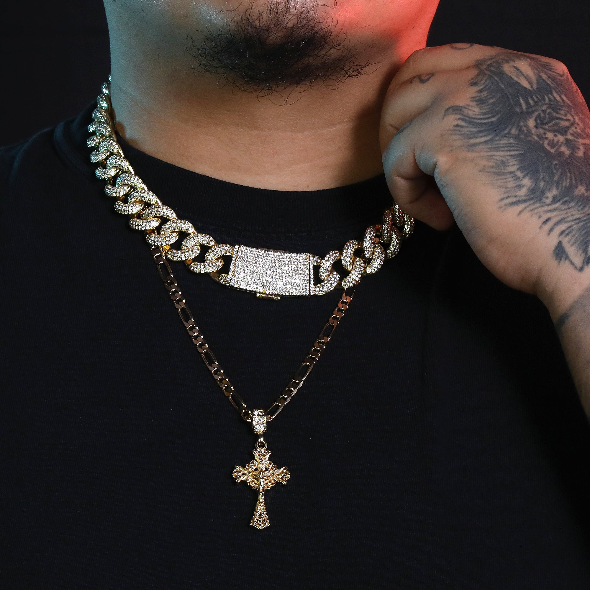 Rose Pattern Jesus Cross Pendant 24" Figaro Chain Hip Hop Style 18k Gold Plated