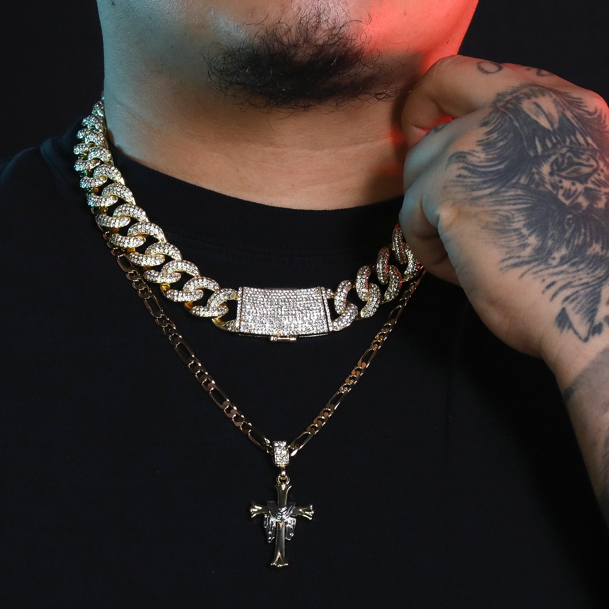 Drape Jesus Cross Pendant 24" Figaro Chain Hip Hop Style 18k Gold Plated