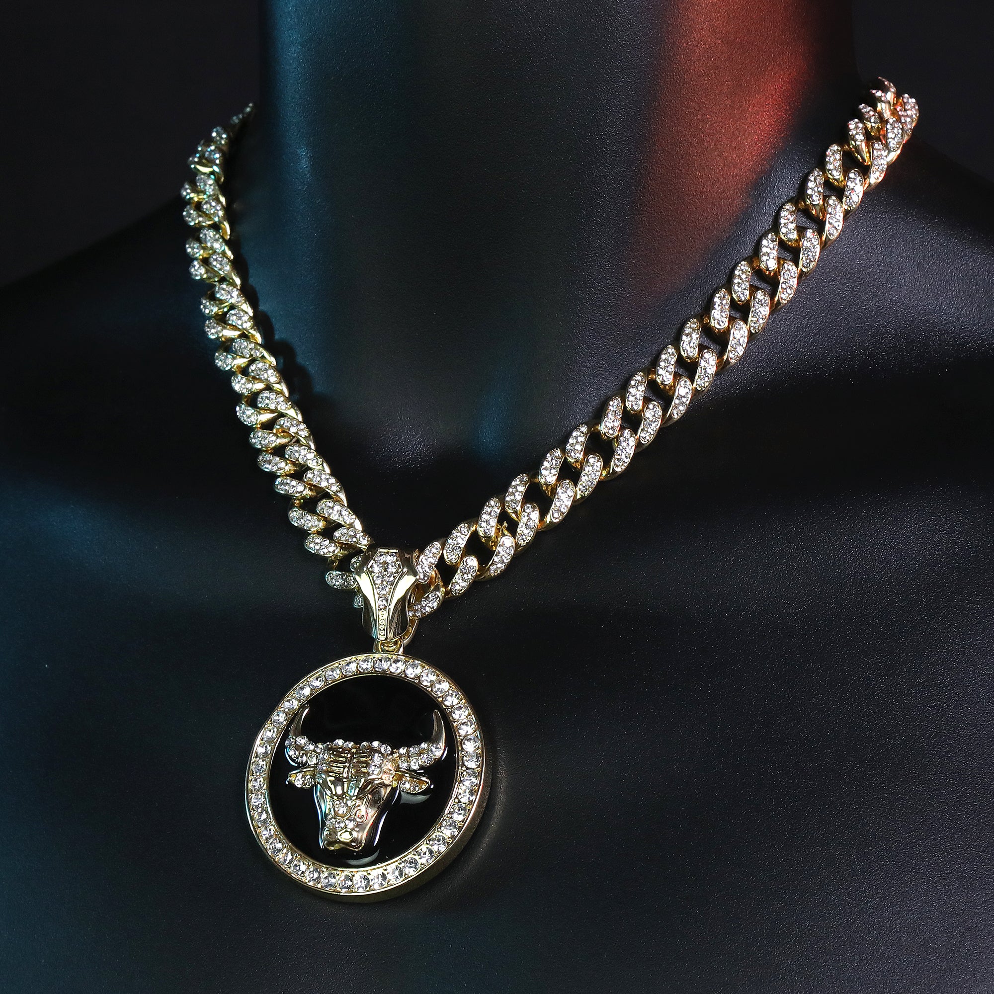 Large Round Black Bull Pendant & Iced Cuban CZ Chain Necklace – Hip Hop Jewelry for Men – 18"-24"