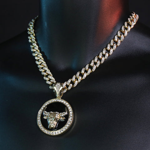 Large Round Black Bull Pendant & Iced Cuban CZ Chain Necklace – Hip Hop Jewelry for Men – 18"-24"