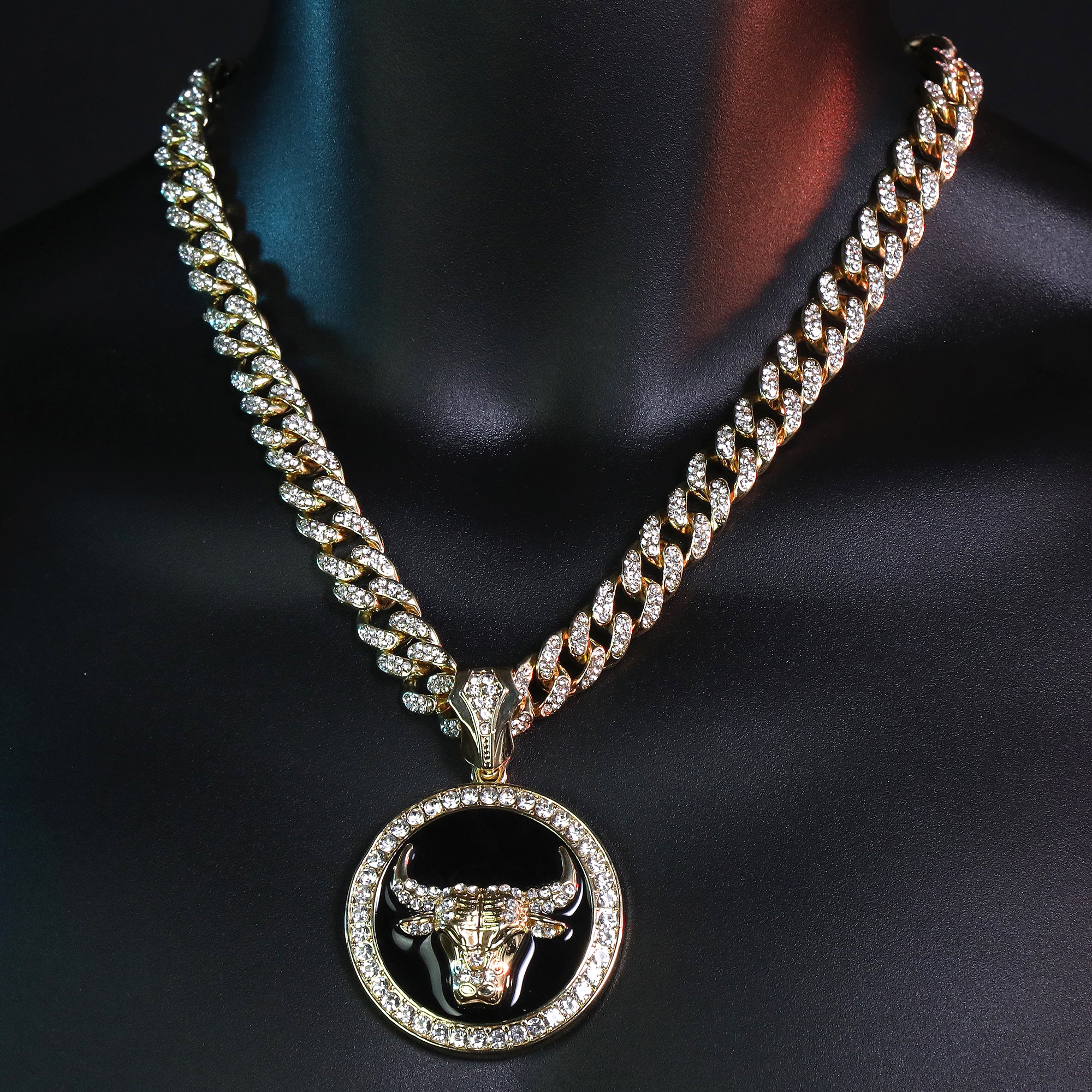 Large Round Black Bull Pendant & Iced Cuban CZ Chain Necklace – Hip Hop Jewelry for Men – 18"-24"