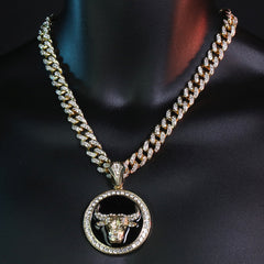 Large Round Black Bull Pendant & Iced Cuban CZ Chain Necklace – Hip Hop Jewelry for Men – 18"-24"