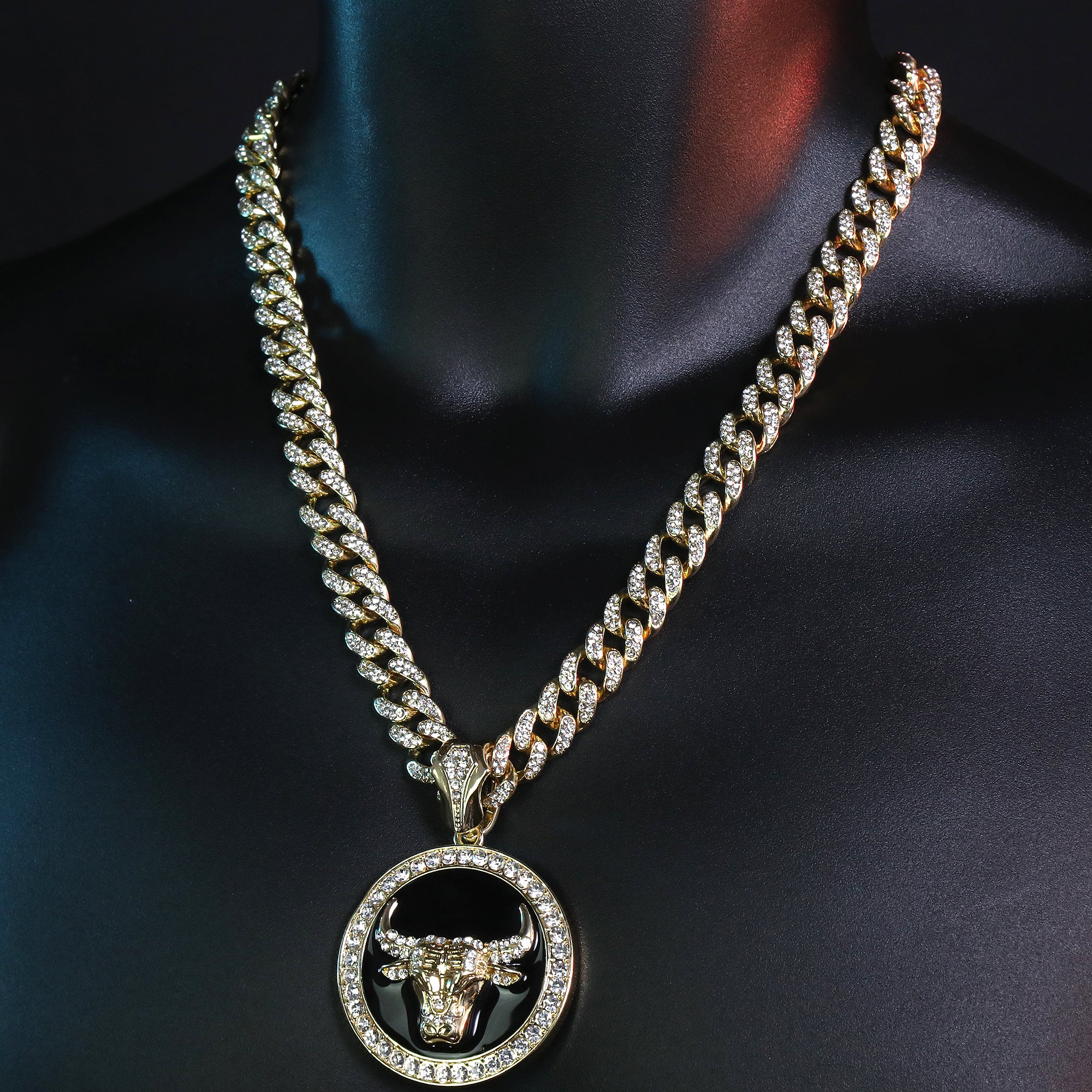 Large Round Black Bull Pendant & Iced Cuban CZ Chain Necklace – Hip Hop Jewelry for Men – 18"-24"