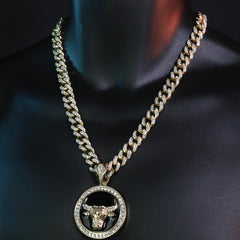 Large Round Black Bull Pendant & Iced Cuban CZ Chain Necklace – Hip Hop Jewelry for Men – 18"-24"