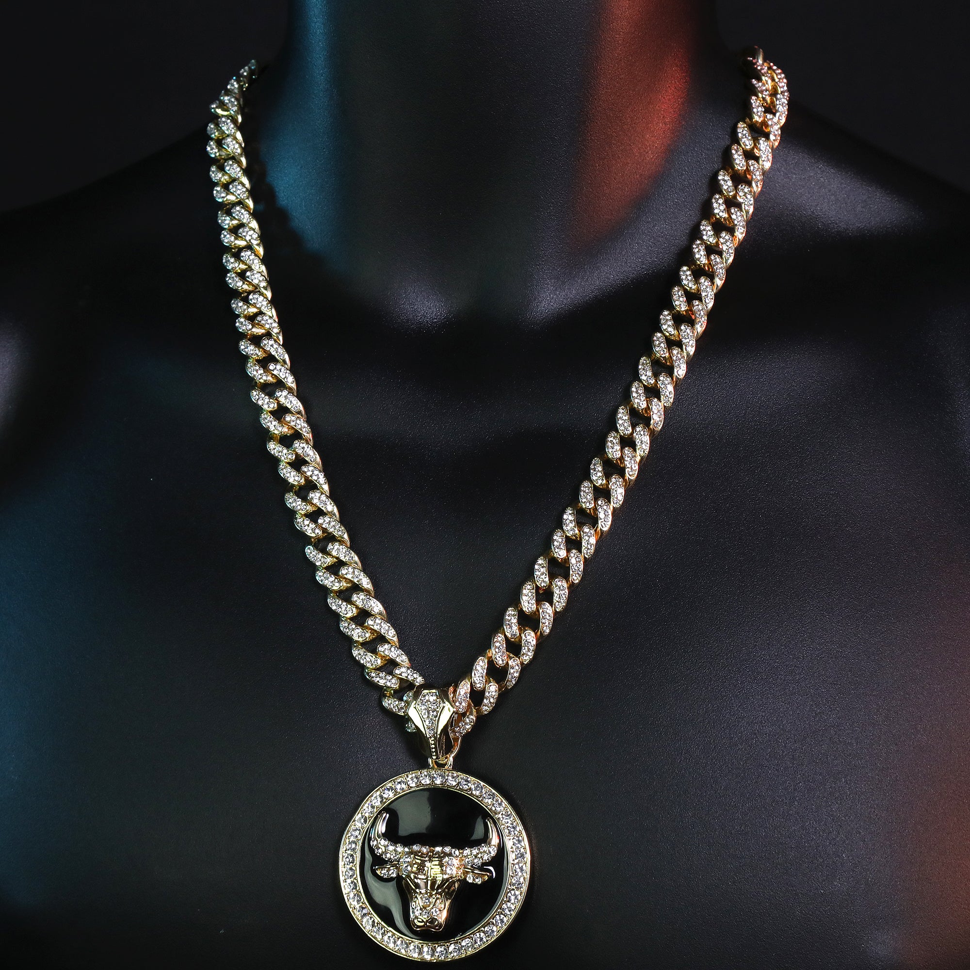 Large Round Black Bull Pendant & Iced Cuban CZ Chain Necklace – Hip Hop Jewelry for Men – 18"-24"