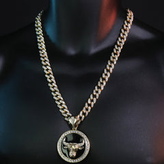 Large Round Black Bull Pendant & Iced Cuban CZ Chain Necklace – Hip Hop Jewelry for Men – 18"-24"