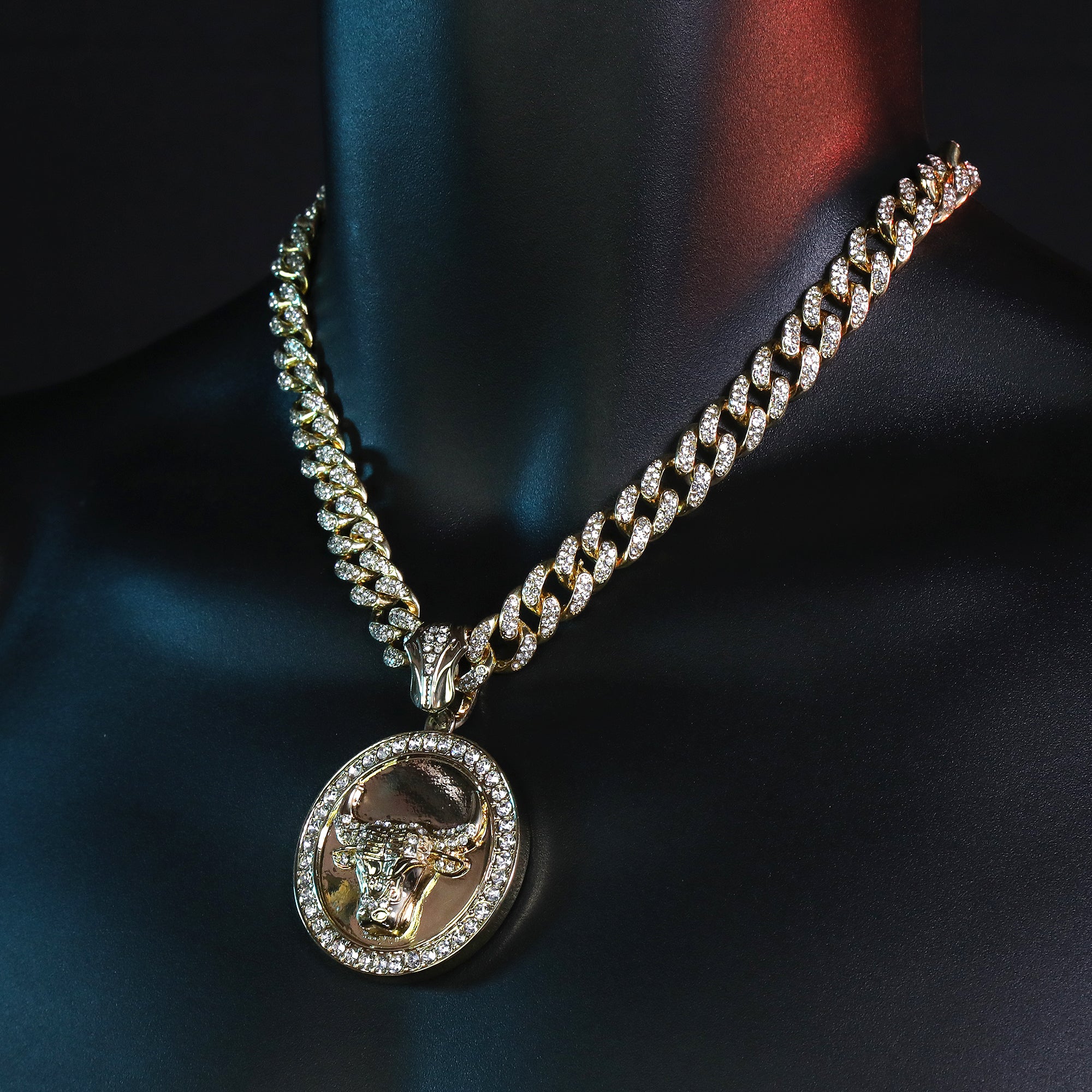 Large Round Clear Bull Pendant & Iced Cuban CZ Chain Necklace – Hip Hop Jewelry for Men – 18"-24"