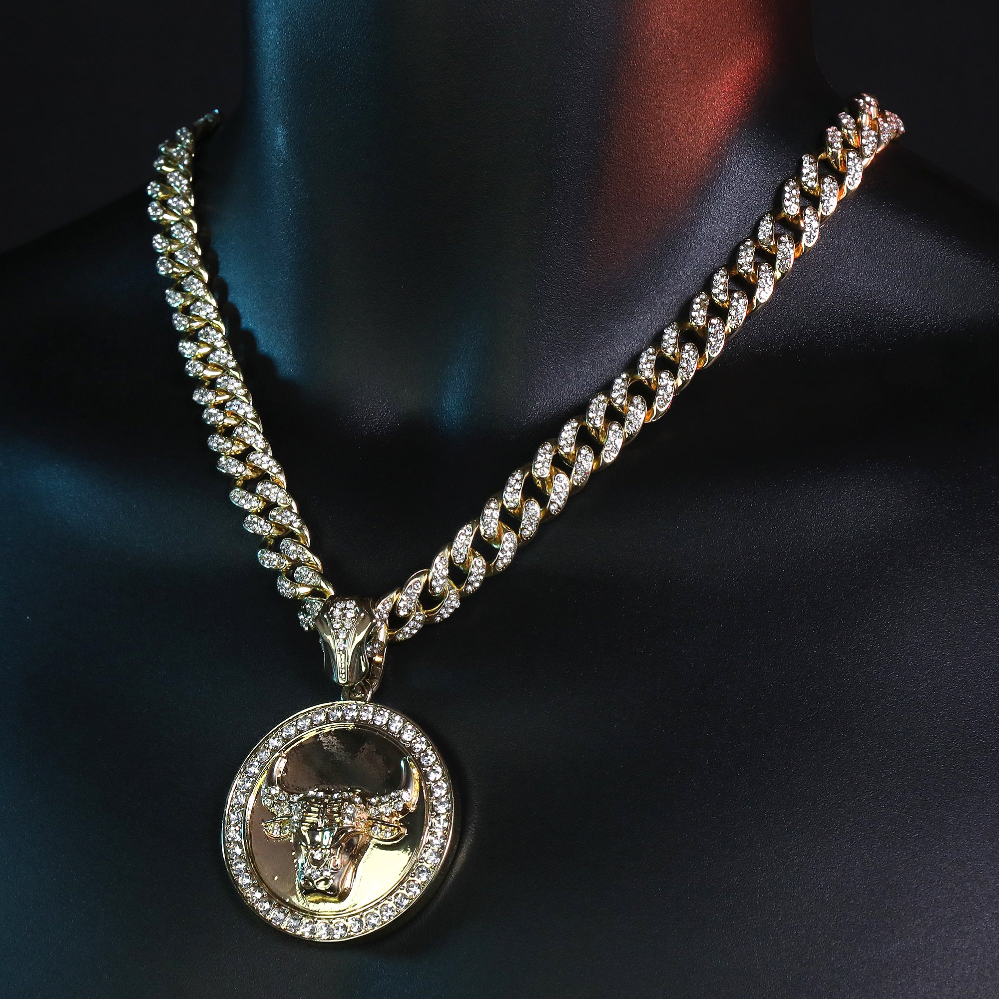 Large Round Clear Bull Pendant & Iced Cuban CZ Chain Necklace – Hip Hop Jewelry for Men – 18"-24"