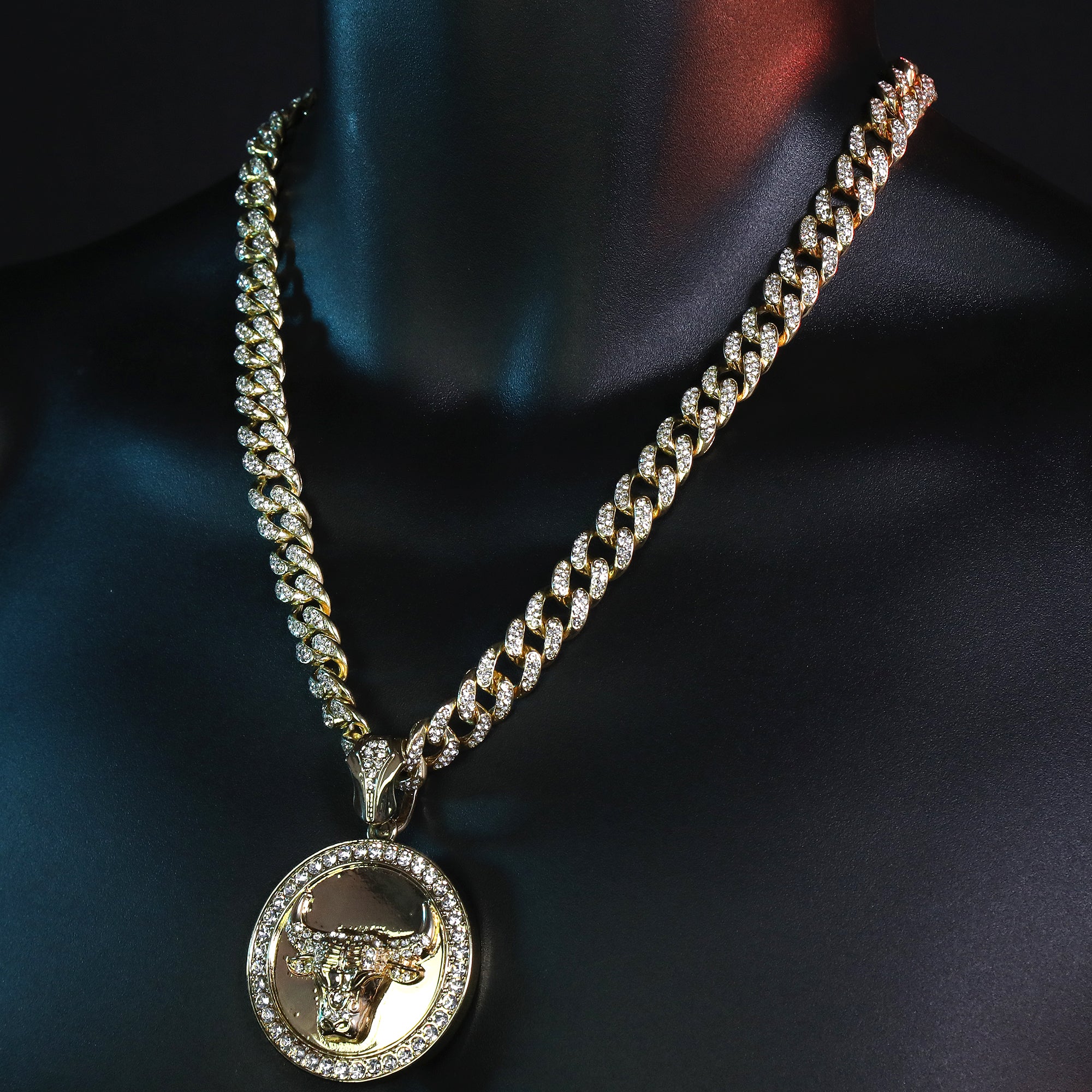 Large Round Clear Bull Pendant & Iced Cuban CZ Chain Necklace – Hip Hop Jewelry for Men – 18"-24"