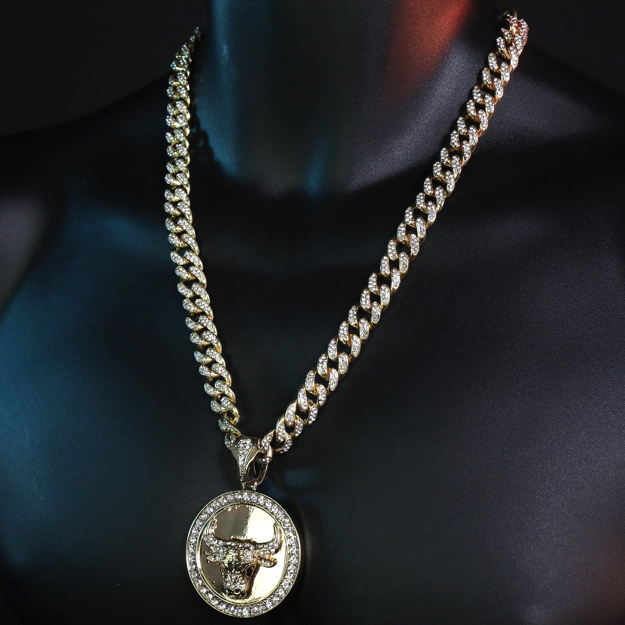 Large Round Clear Bull Pendant & Iced Cuban CZ Chain Necklace – Hip Hop Jewelry for Men – 18"-24"