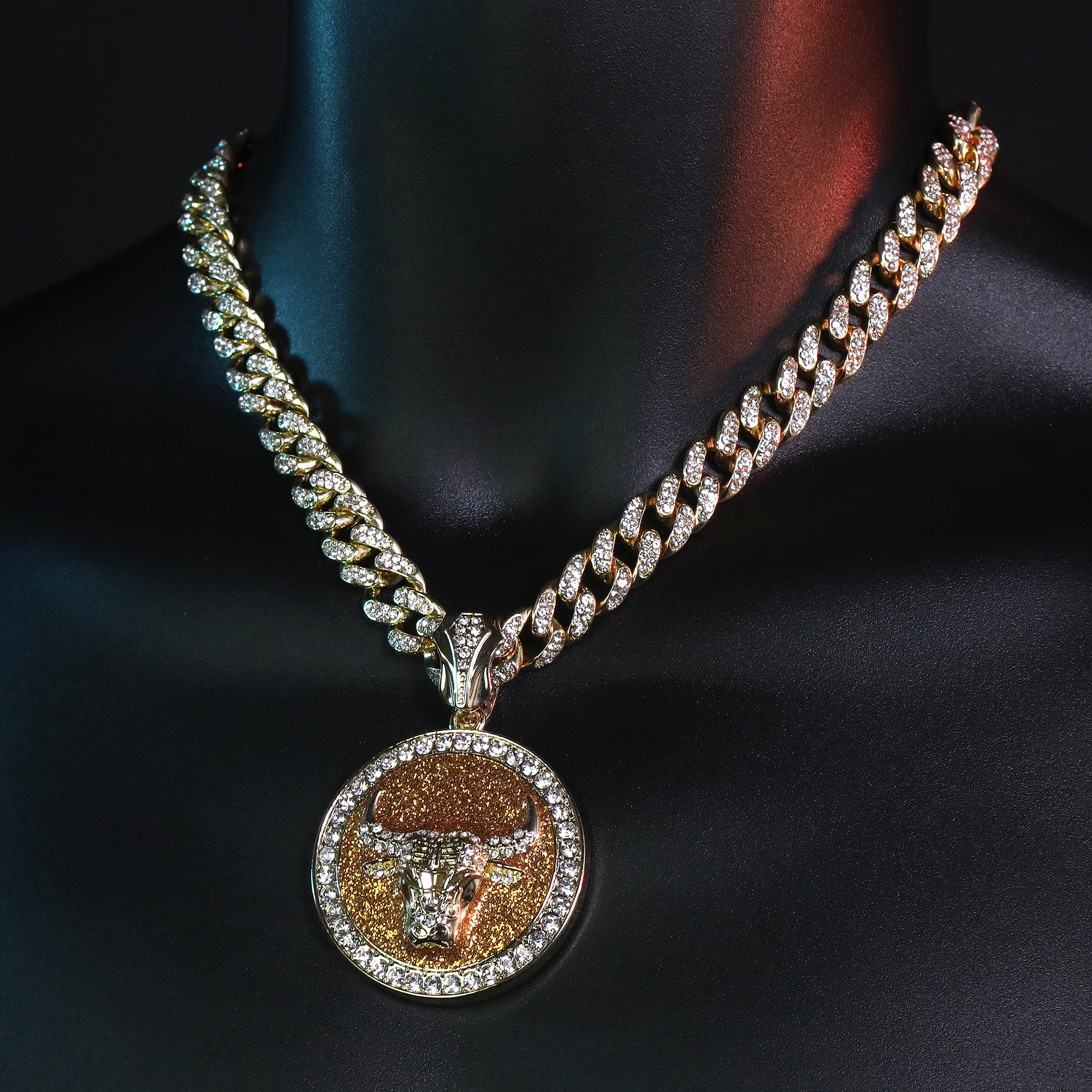 Large Round Gold Stardust Bull Pendant & Iced Cuban CZ Chain Necklace – Hip Hop Jewelry for Men – 18"-24"