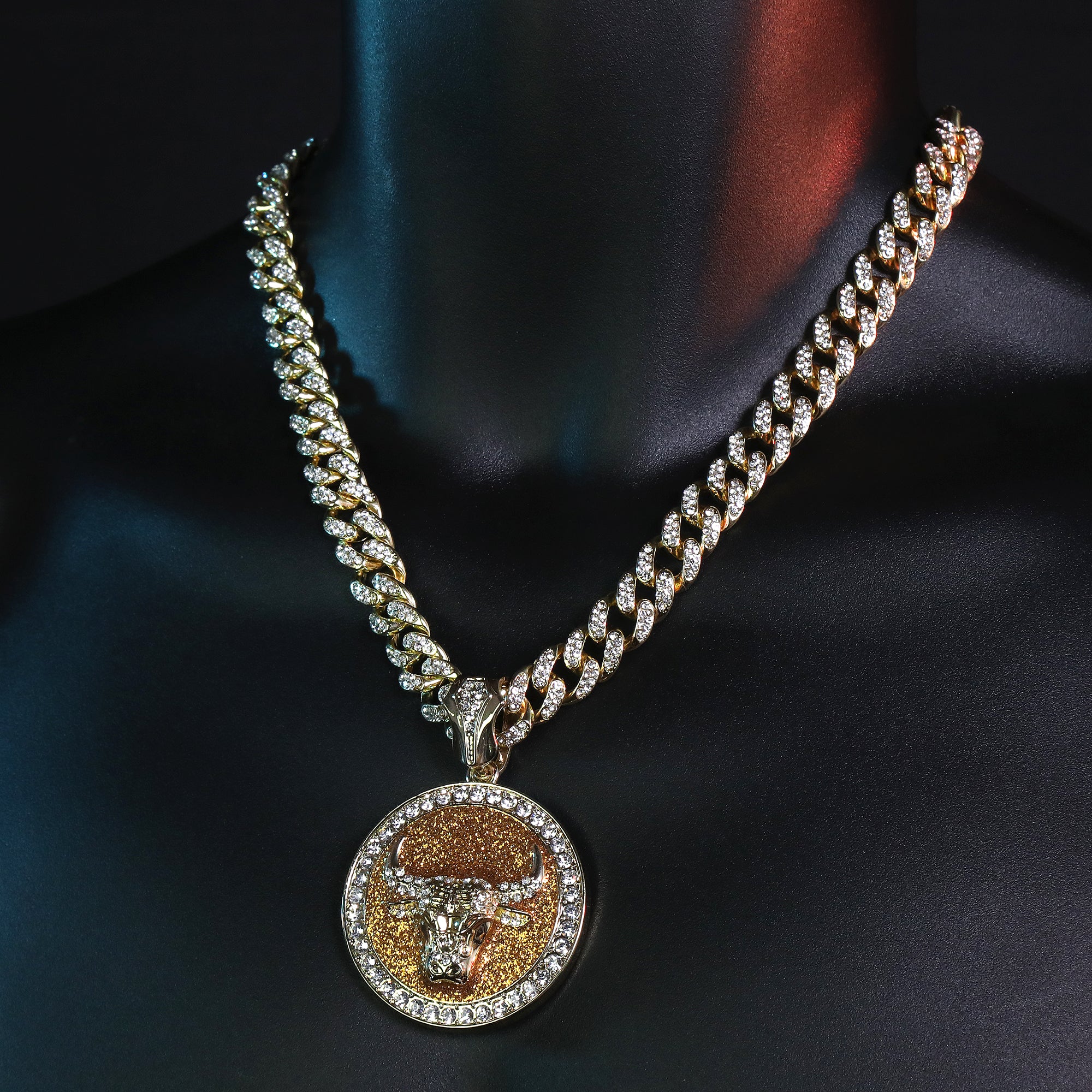Large Round Gold Stardust Bull Pendant & Iced Cuban CZ Chain Necklace – Hip Hop Jewelry for Men – 18"-24"