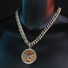 Large Round Gold Stardust Bull Pendant & Iced Cuban CZ Chain Necklace – Hip Hop Jewelry for Men – 18"-24"