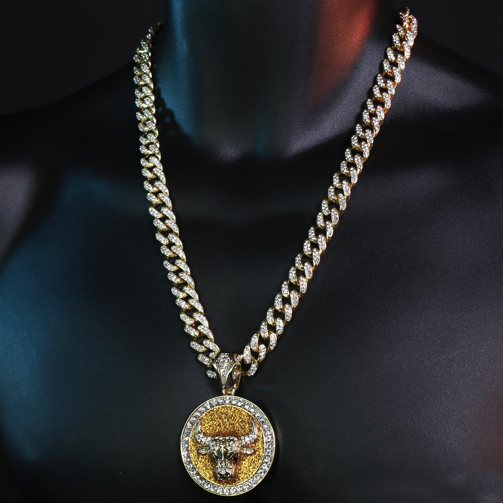 Large Round Gold Stardust Bull Pendant & Iced Cuban CZ Chain Necklace – Hip Hop Jewelry for Men – 18"-24"