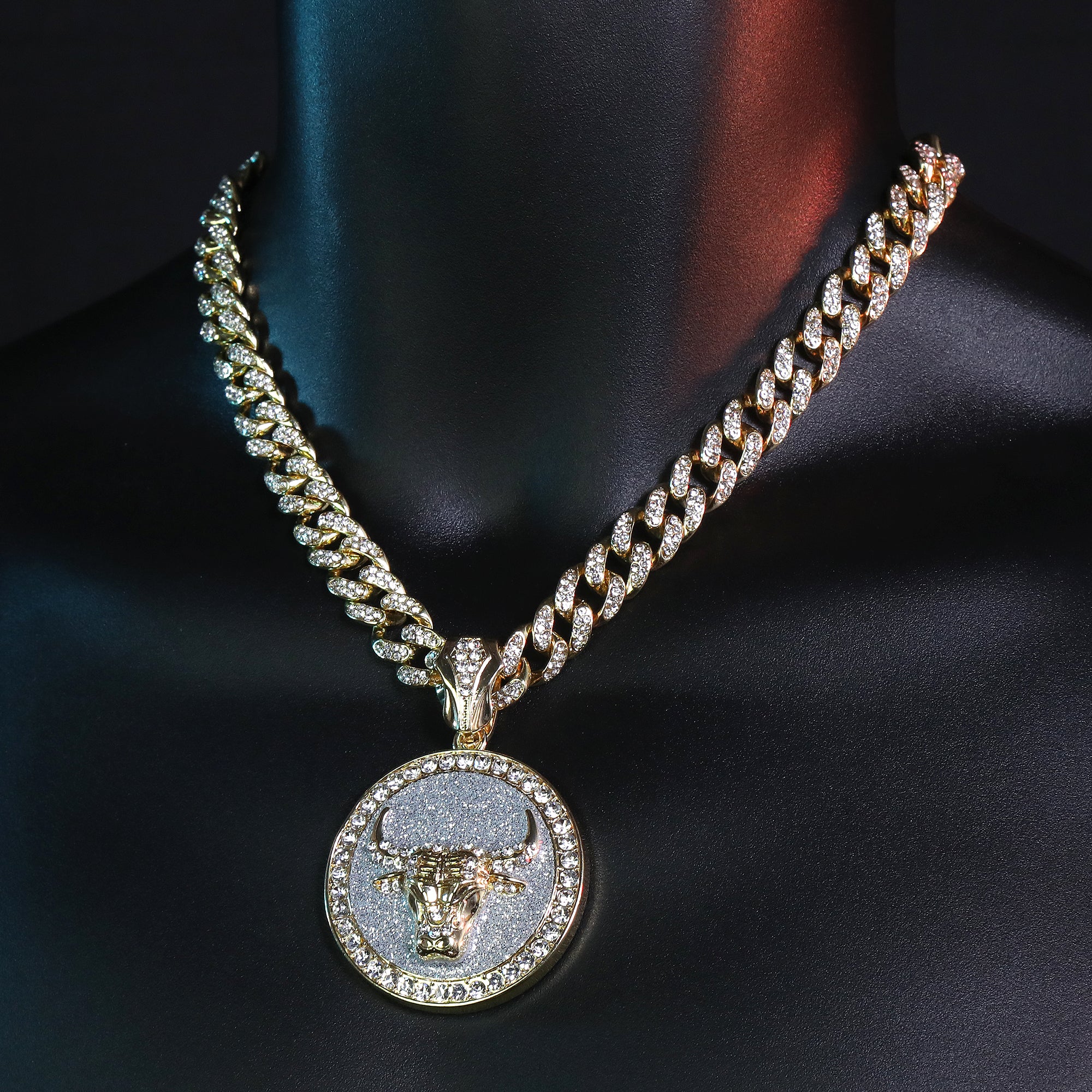 Large Round Silver Stardust Bull Pendant & Iced Cuban CZ Chain Necklace – Hip Hop Jewelry for Men –