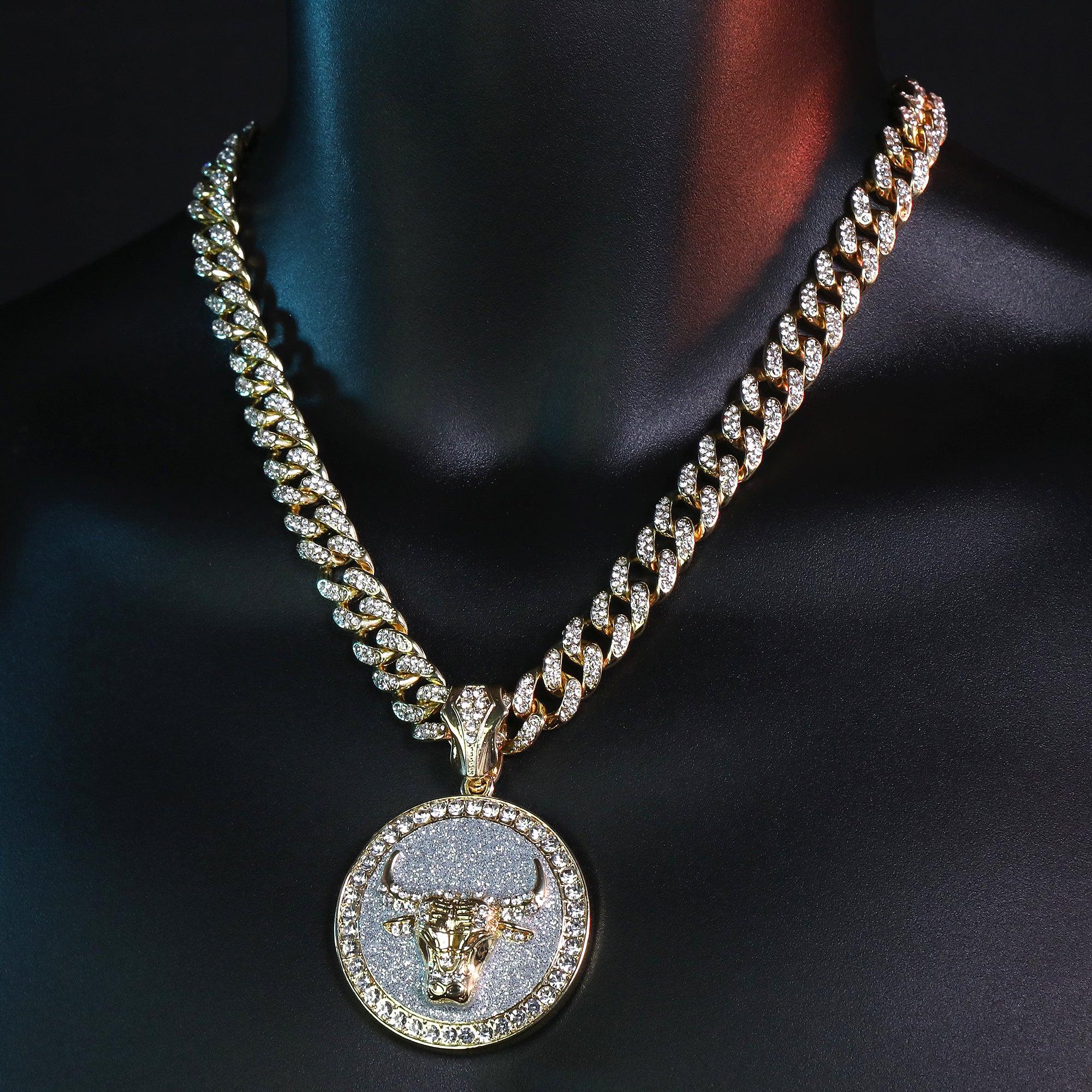 Large Round Silver Stardust Bull Pendant & Iced Cuban CZ Chain Necklace – Hip Hop Jewelry for Men –