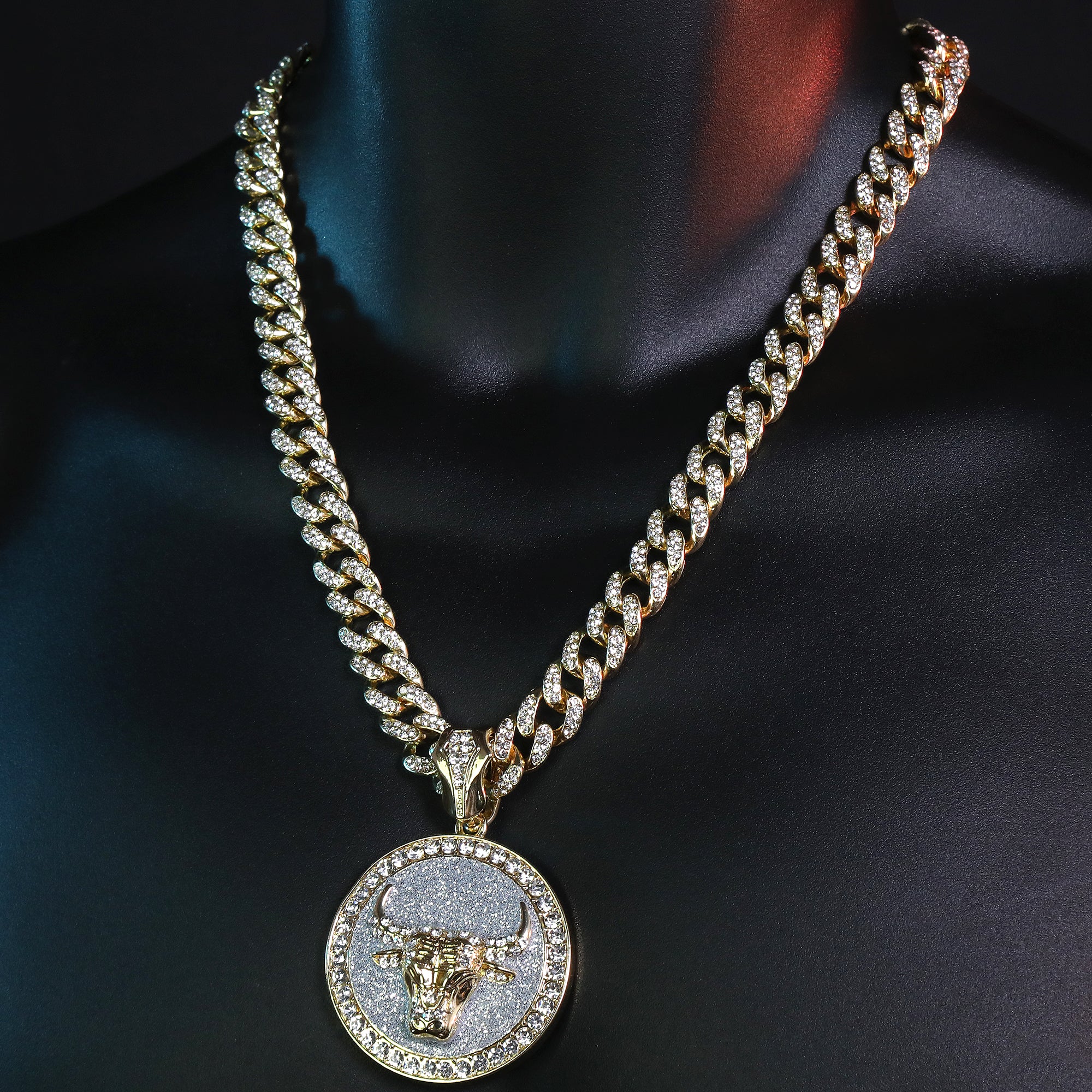 Large Round Silver Stardust Bull Pendant & Iced Cuban CZ Chain Necklace – Hip Hop Jewelry for Men –