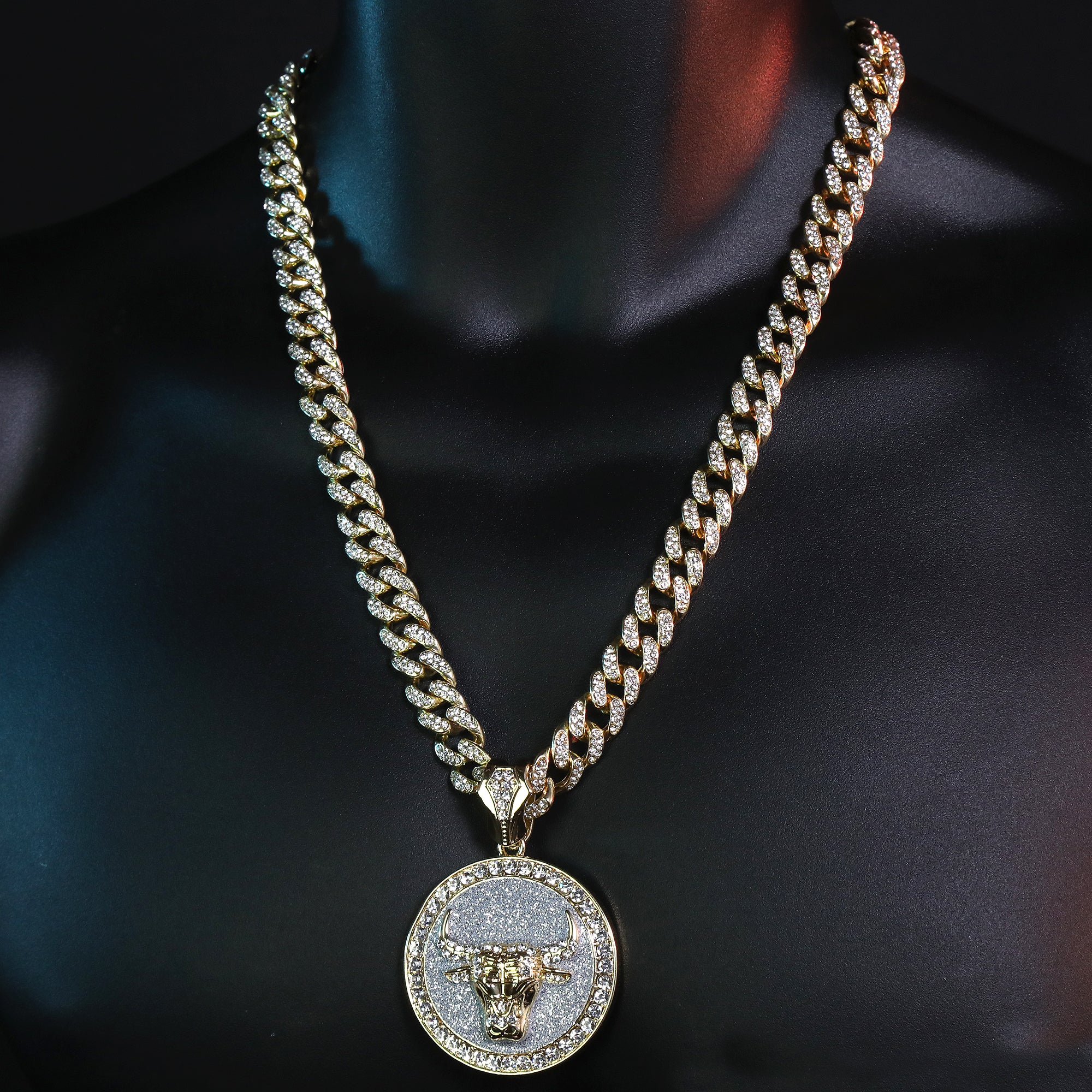 Large Round Silver Stardust Bull Pendant & Iced Cuban CZ Chain Necklace – Hip Hop Jewelry for Men –