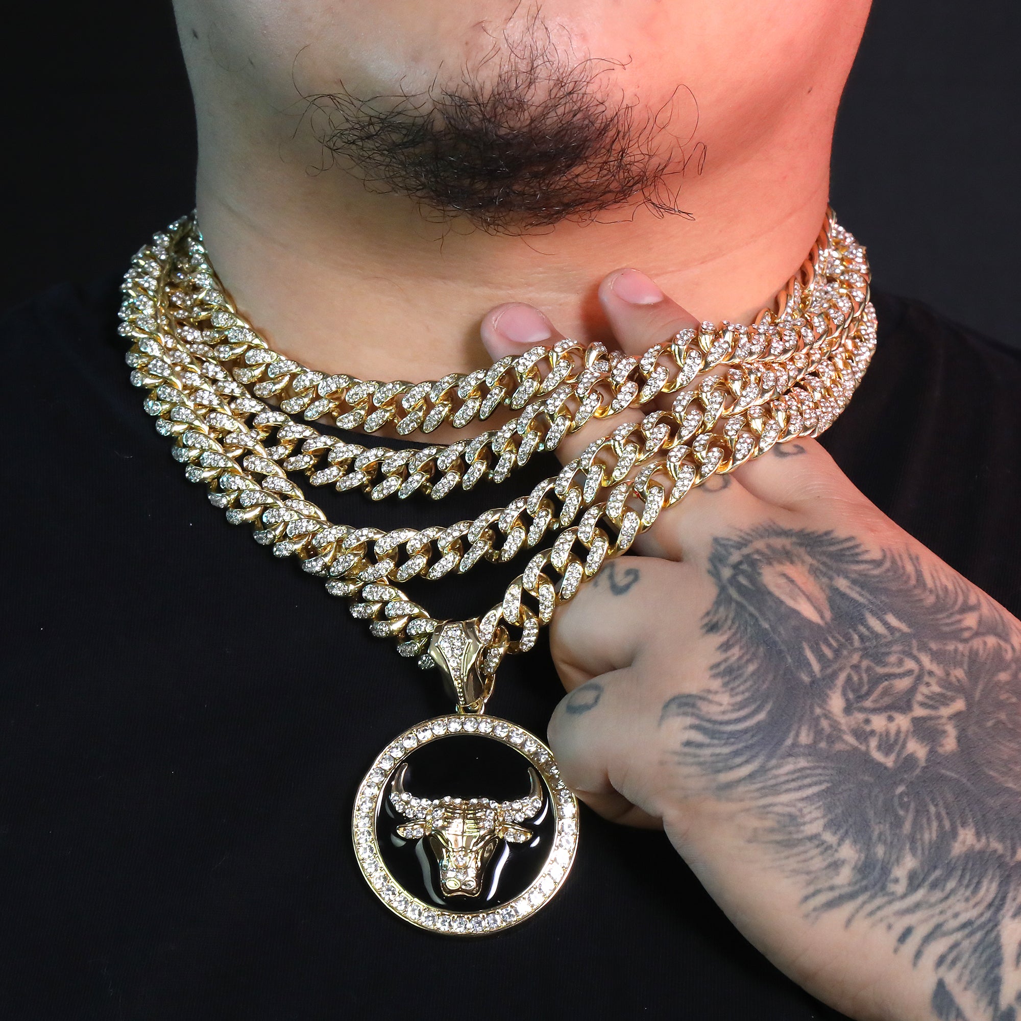 Large Round Black Bull Pendant & Iced Cuban CZ Chain Necklace – Hip Hop Jewelry for Men – 18"-24"