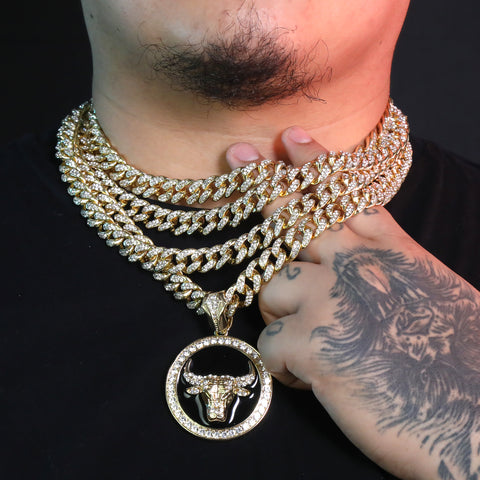 Large Round Black Bull Pendant & Iced Cuban CZ Chain Necklace – Hip Hop Jewelry for Men – 18"-24"