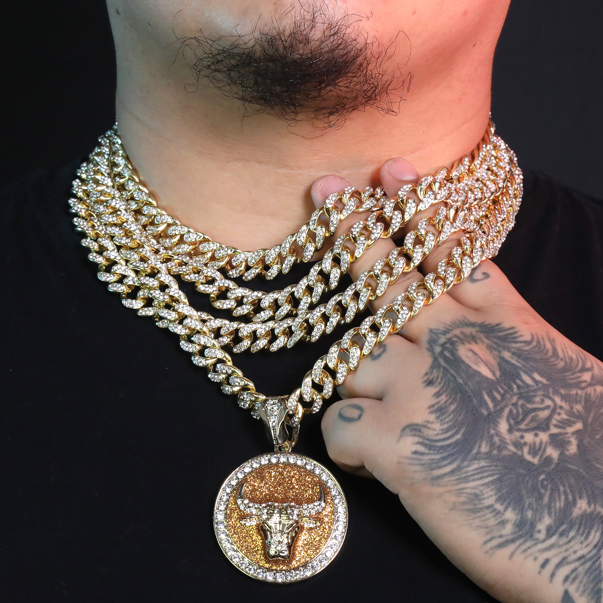 Large Round Gold Stardust Bull Pendant & Iced Cuban CZ Chain Necklace – Hip Hop Jewelry for Men – 18"-24"