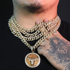 Large Round Gold Stardust Bull Pendant & Iced Cuban CZ Chain Necklace – Hip Hop Jewelry for Men – 18"-24"
