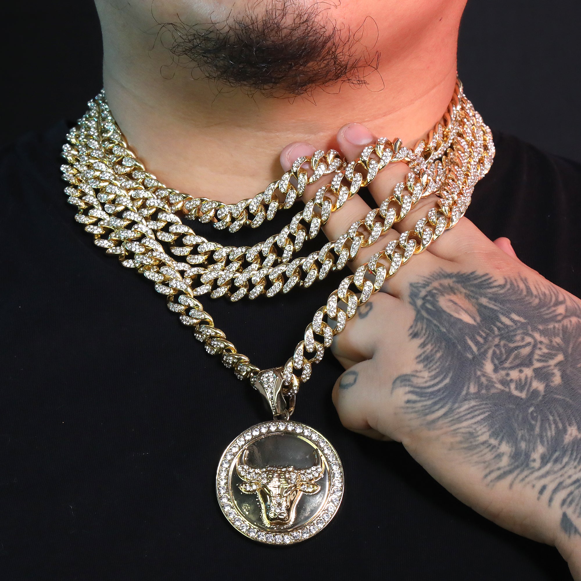 Large Round Clear Bull Pendant & Iced Cuban CZ Chain Necklace – Hip Hop Jewelry for Men – 18"-24"
