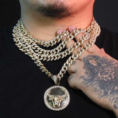 Large Round Clear Bull Pendant & Iced Cuban CZ Chain Necklace – Hip Hop Jewelry for Men – 18"-24"