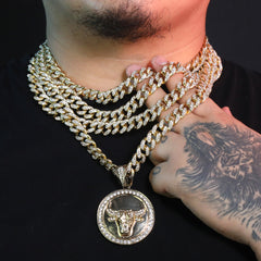 Large Round Clear Bull Pendant & Iced Cuban CZ Chain Necklace – Hip Hop Jewelry for Men – 18"-24"