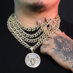 Large Round Silver Stardust Bull Pendant & Iced Cuban CZ Chain Necklace – Hip Hop Jewelry for Men –