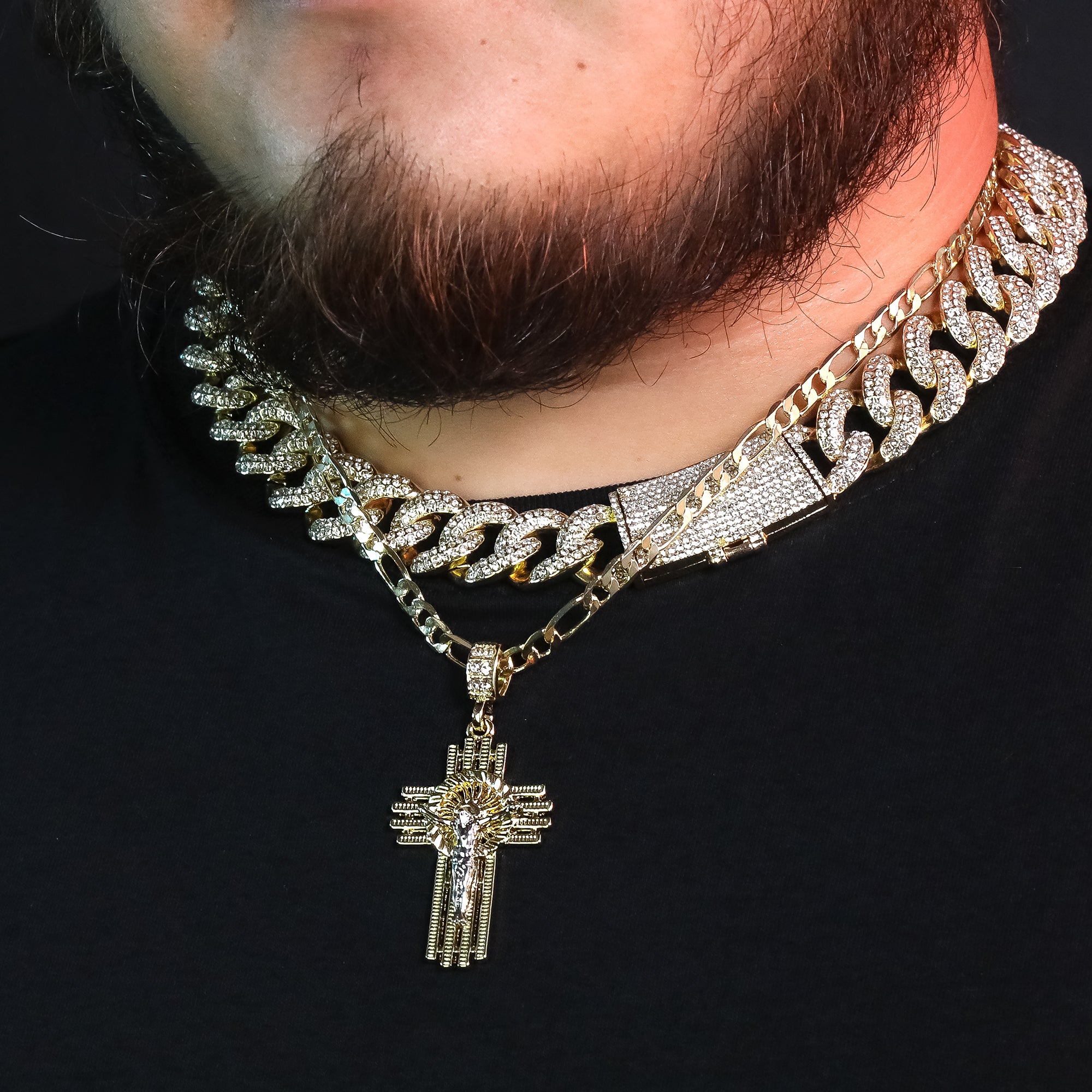 Halo Diamond Cut Jesus Cross Pendant 20" Figaro Chain Hip Hop Style 18k Gold Plated