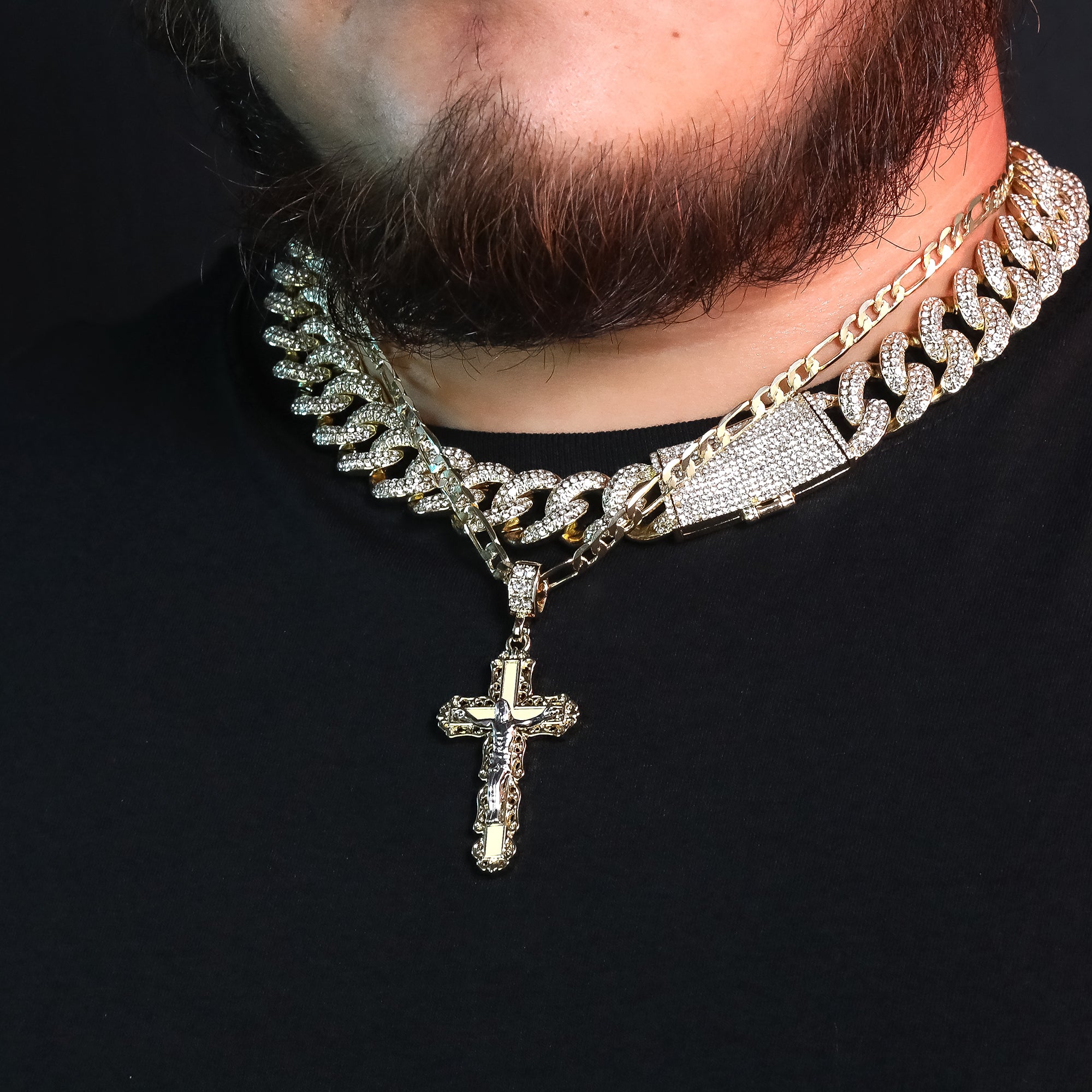Clover Edge Design Jesus Cross Pendant 20" Figaro Chain Hip Hop Style 18k Gold Plated