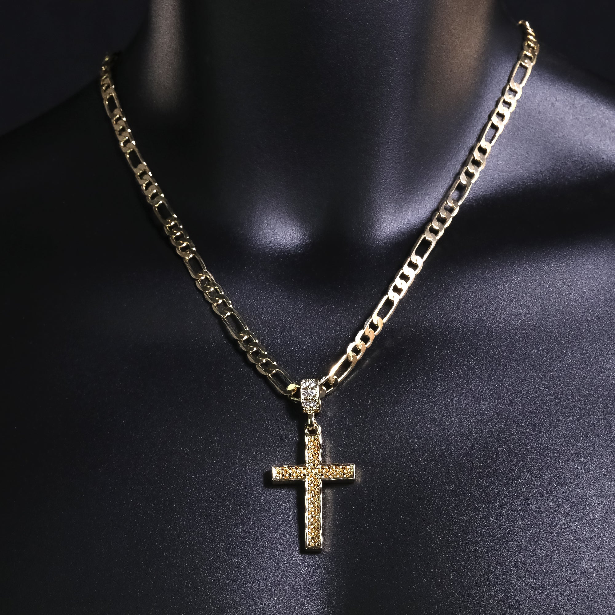 Hallow Curve Cross Pendant 20" Figaro Chain Hip Hop Style 18k Gold Plated