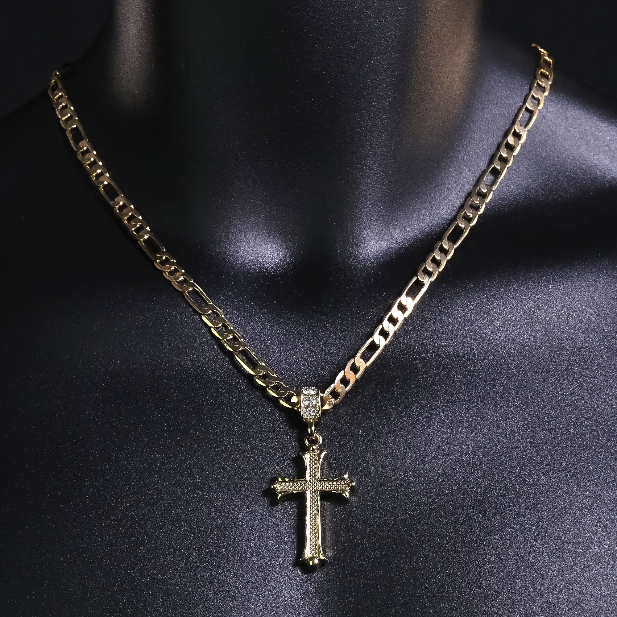 Ball Ended Cross Pendant 20" Figaro Chain Hip Hop Style 18k Gold Plated